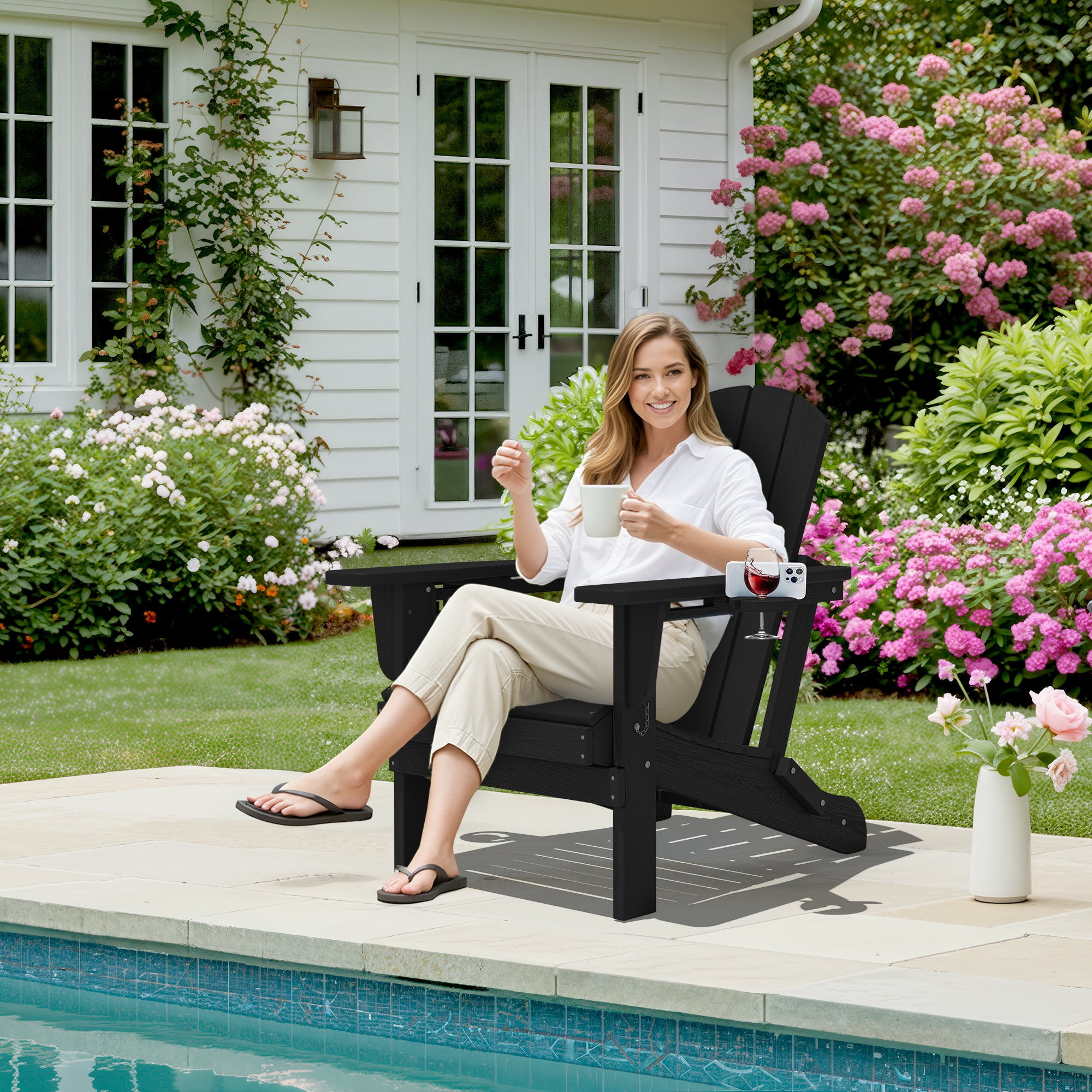 SERWALL Folding Adirondack Chair Set, All-Weather HDPE Patio Furniture with Cup & Phone Holders (Black, 32.5 in x 29.3 in x 35.8 in) ps3gb