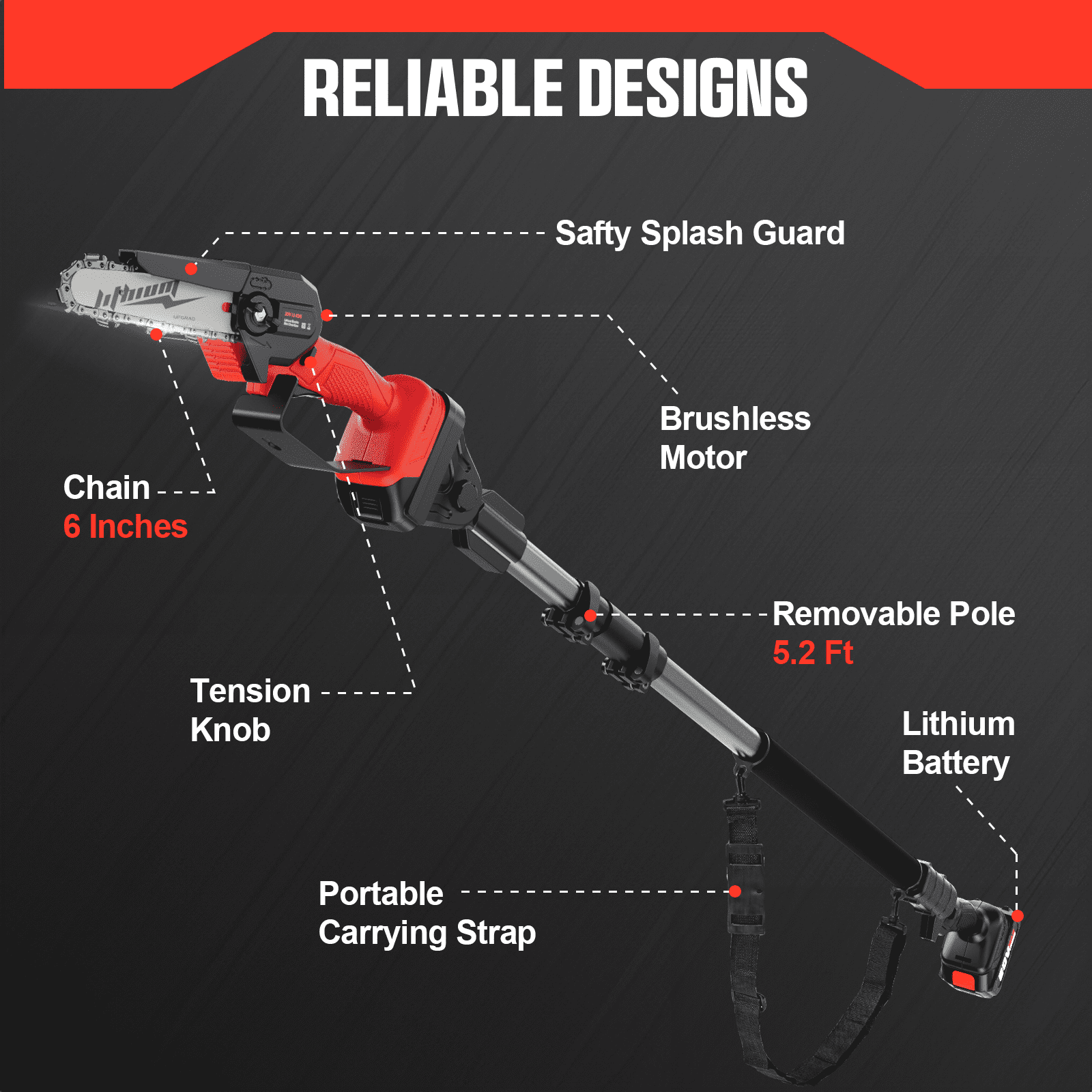 Vetoper 2-in-1 Cordless Pole Saw and 6-inch Mini Chainsaw with 7 ft Extension Rod (Red, 20V 4.0Ah) 0ux3q