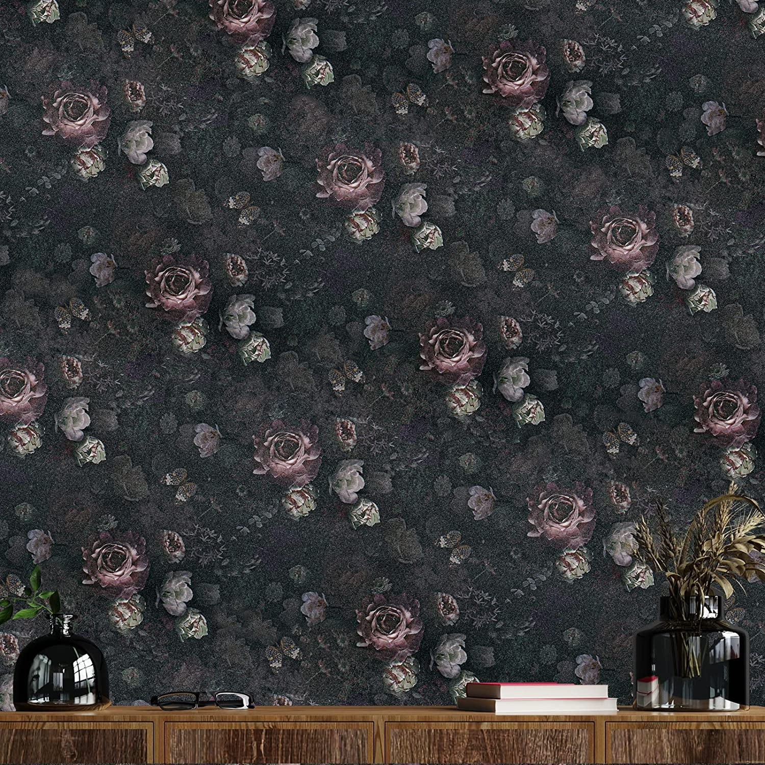 VEELIKE Vintage Dark Floral Peel and Stick Wallpaper, Boho Peony Removable Self-Adhesive Wall Decor (Black, 15.7 in x 118 in) l4nnh