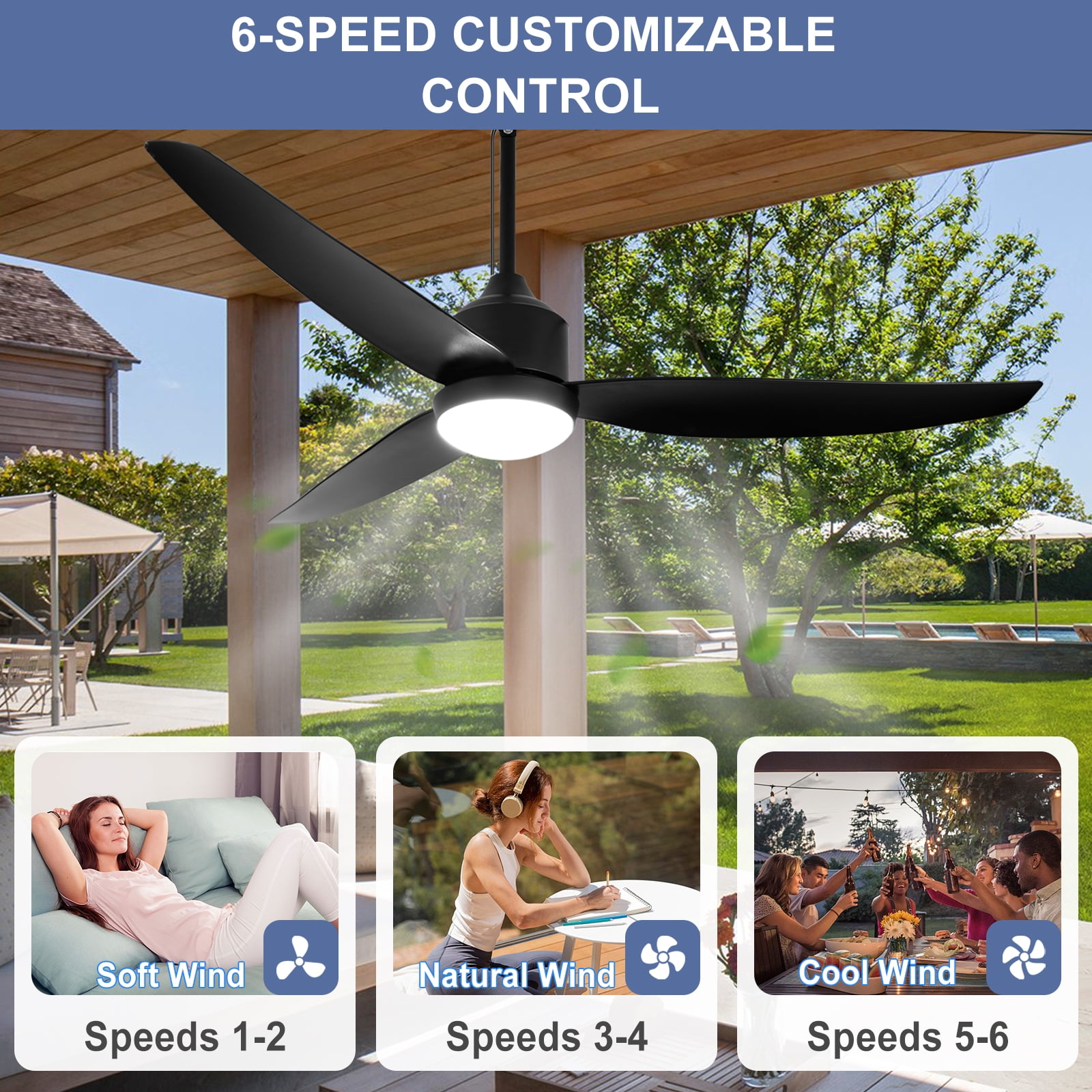 Depuley Outdoor Ceiling Fan with Light, Waterproof Hanging Fan for Patio and Gazebo (Black, 52 in) fq8yd