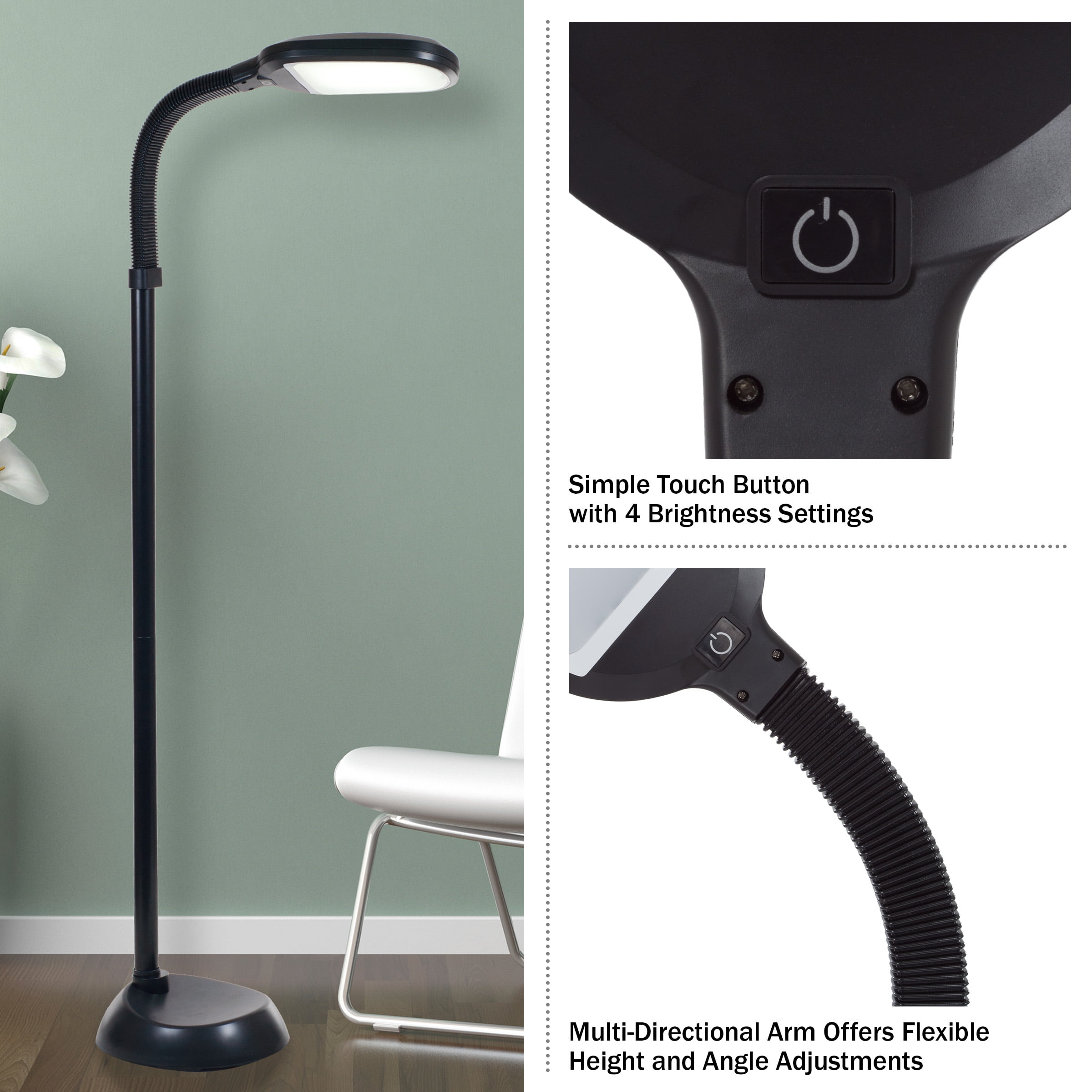 Somerset Home Natural Sunlight LED Floor Lamp, Dimmable Gooseneck Task Light (Black, 62.5 in) d4mee