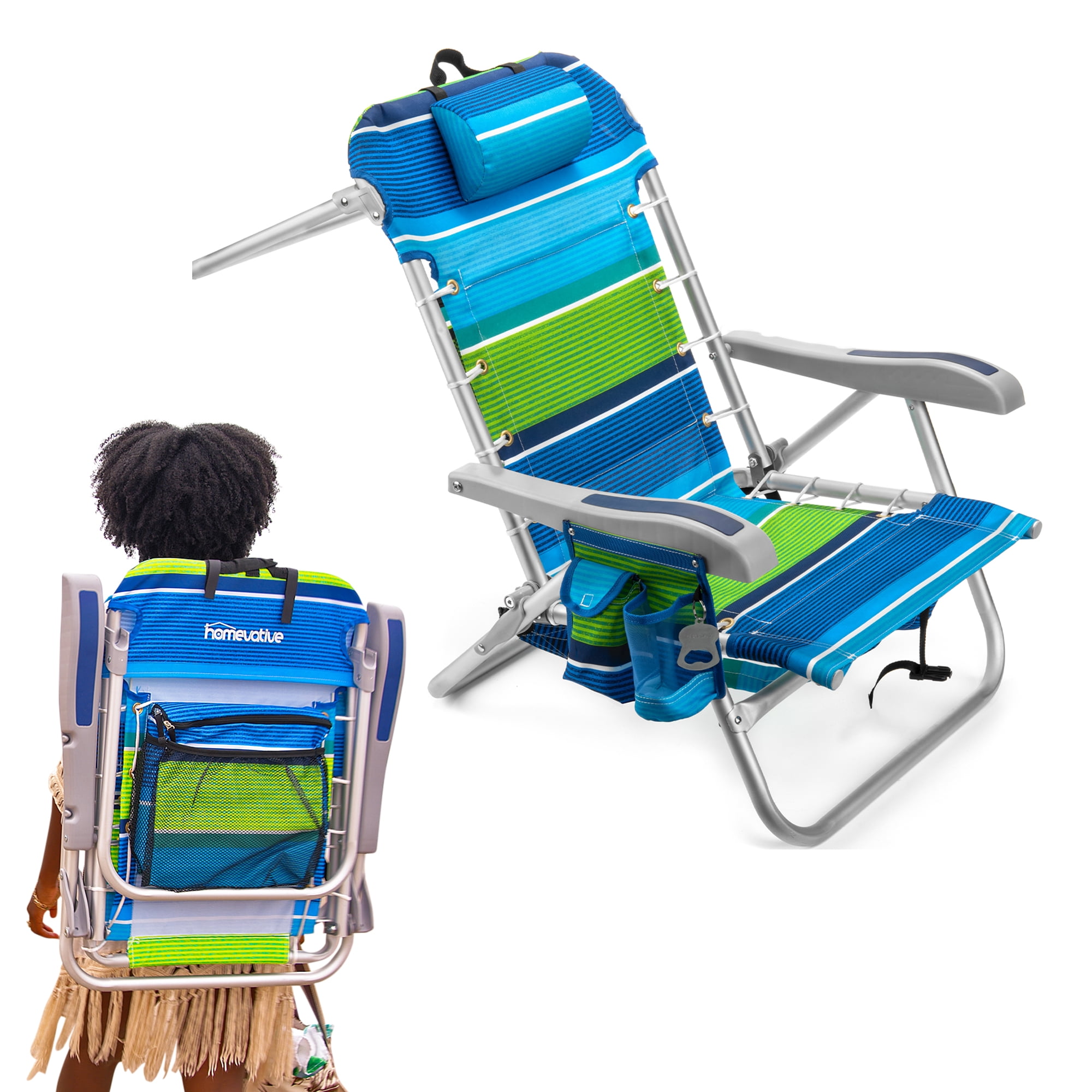 Homevative Cooler+ Folding Backpack Beach Chair, 5-Position Reclining Outdoor Seat with Storage (Blue) mds1g