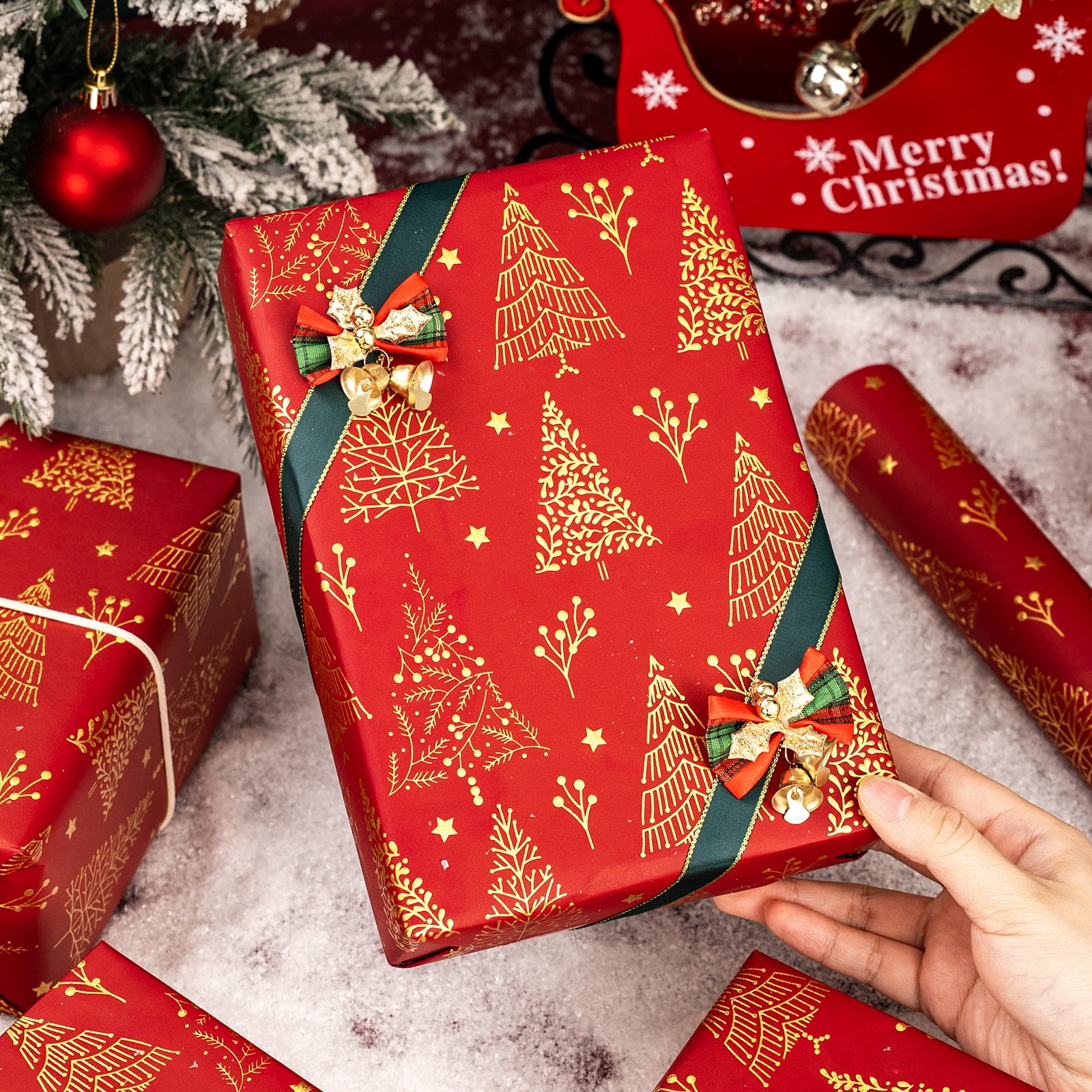 HOMERAL Christmas Wrapping Paper Roll (3D Embossed Metallic Foil Design, Red, 17 in x 33 ft) w29yq