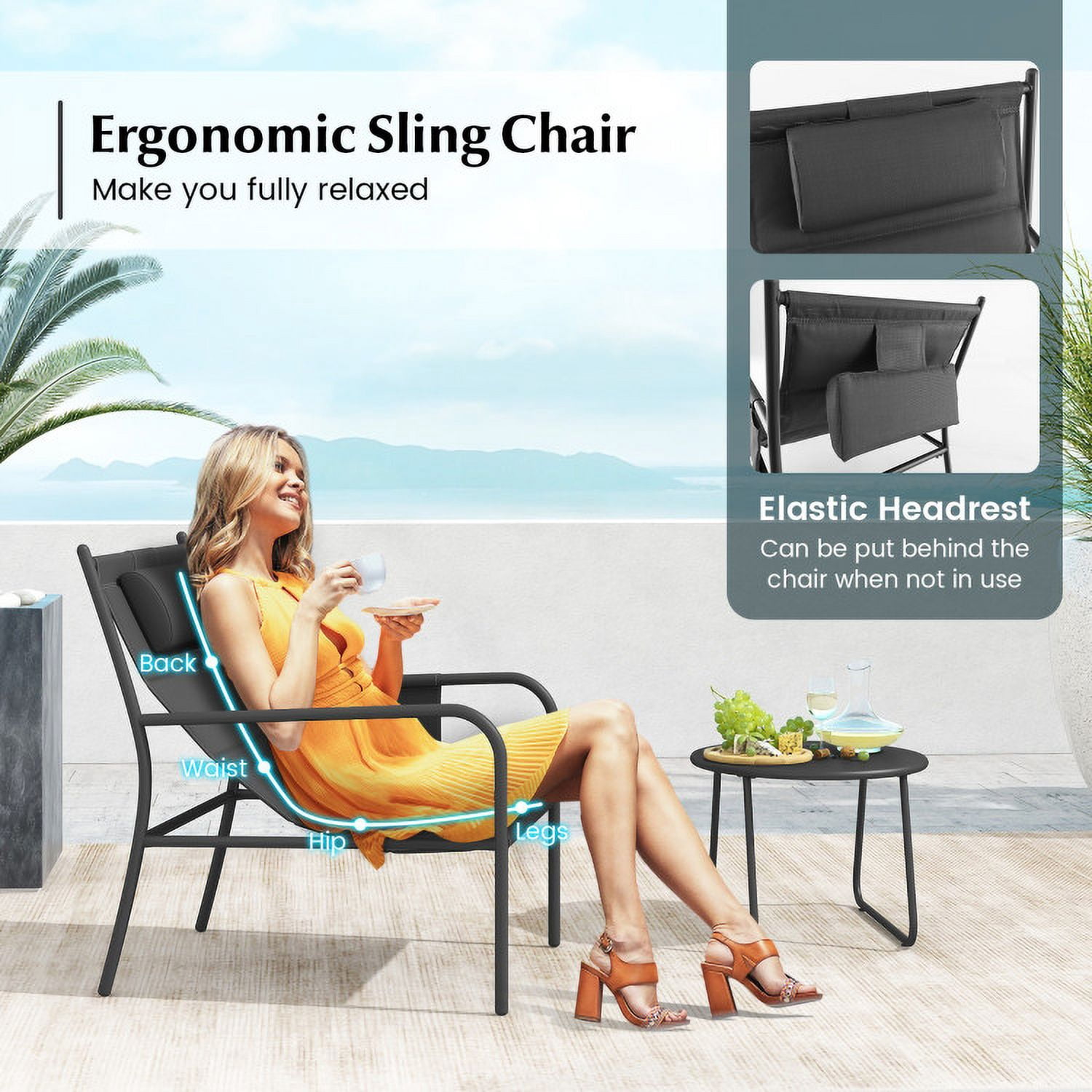 Barara King 3-Piece Outdoor Bistro Set with Metal Chairs and Coffee Table (Gray, 32 in x 24 in x 33 in) bfvqd