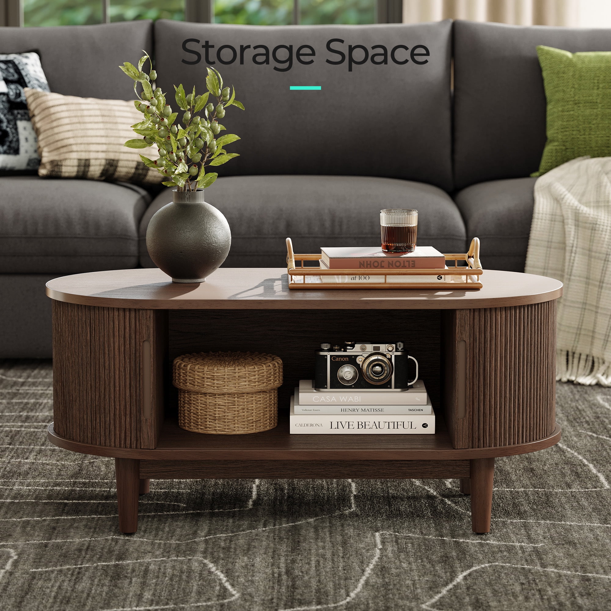 LINSY HOME Fluted Coffee Table with Storage, Mid-Century Modern Living Room Furniture with Sliding Tambour Doors (Walnut, 47.2 in x 23.6 in x 17.7 in) 3zusi