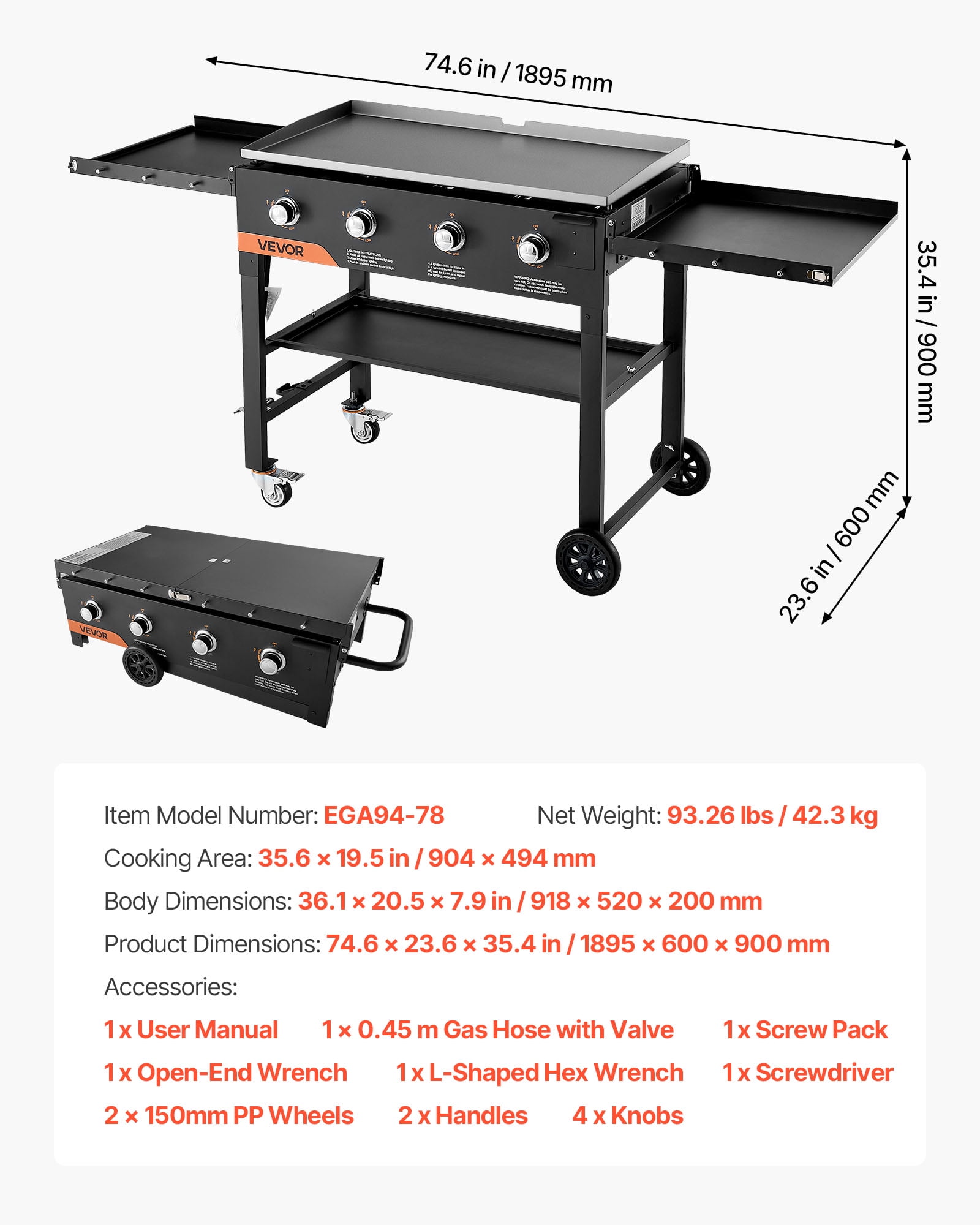 VEVOR 4-Burner Propane Gas Griddle, Outdoor Flat Top Grill with Foldable Cart and Wheels (36 in) cjy7q