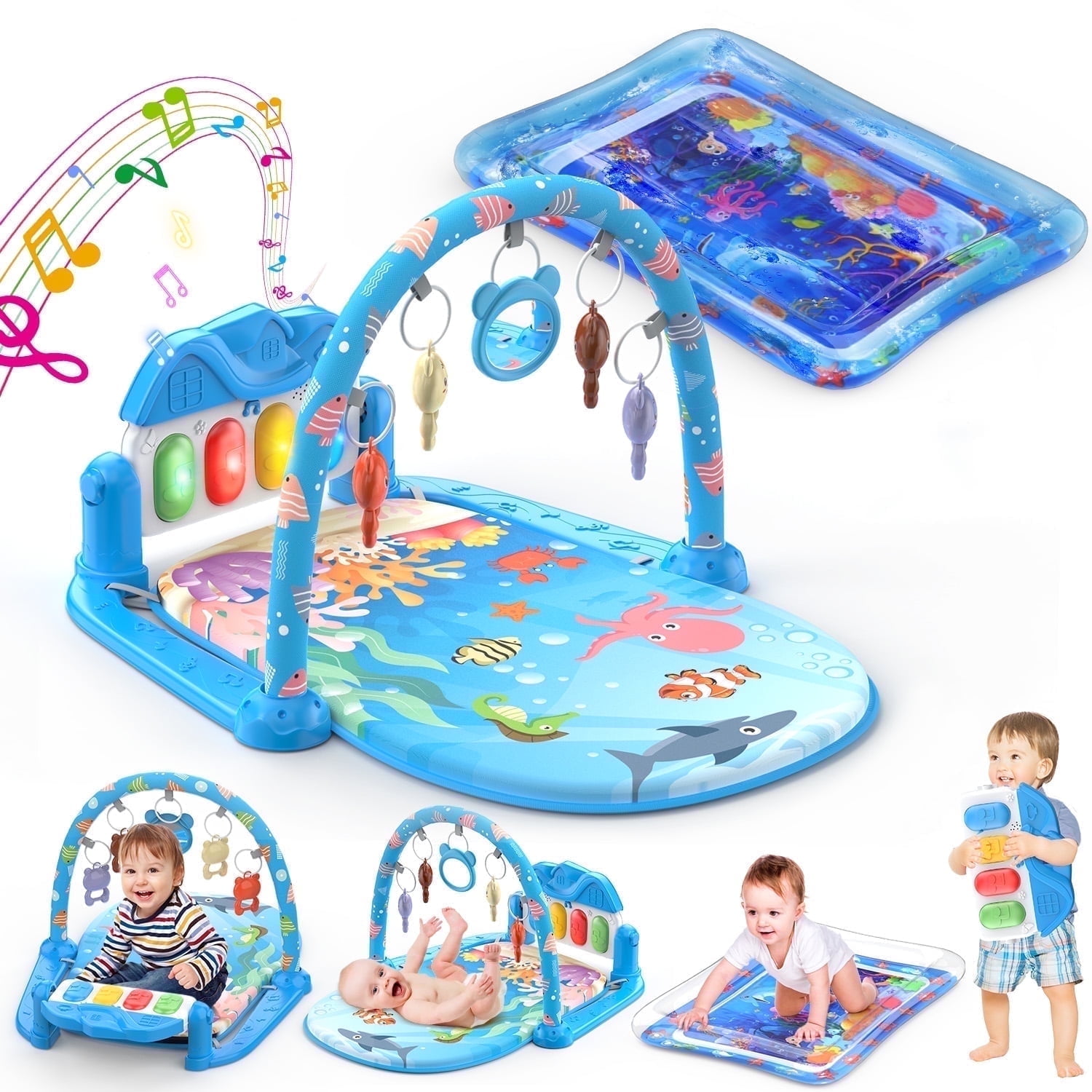 WonderStone 2-in-1 Baby Gym Playmat and Tummy Time Water Mat with Sensory Toys and Musical Piano (Blue, 27.5 x 20 in) 08zyo