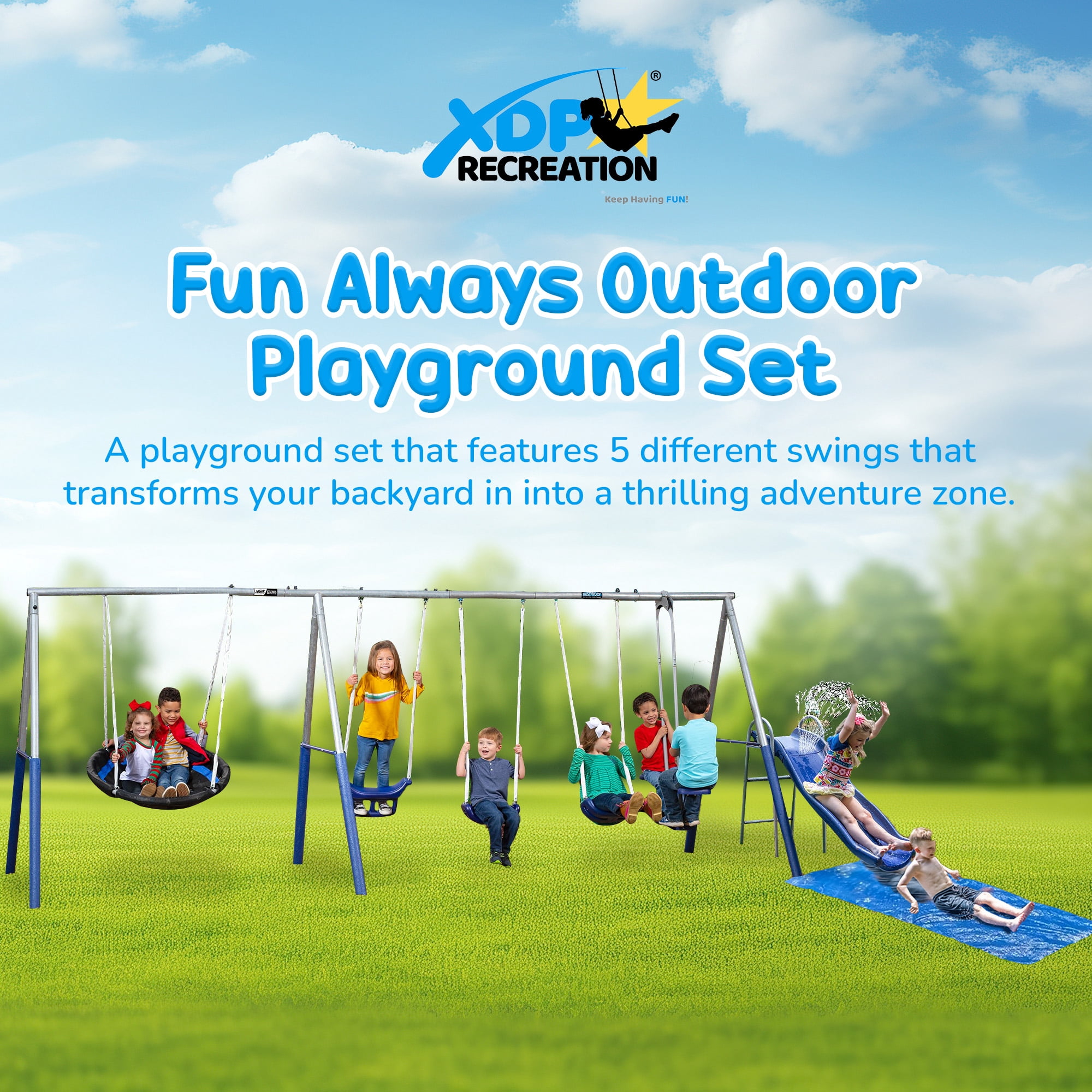 XDP Recreation Outdoor Playground Set with Water Slide and Super Disc Swing (Blue, 196 in x 102 in x 74 in) f0t2w