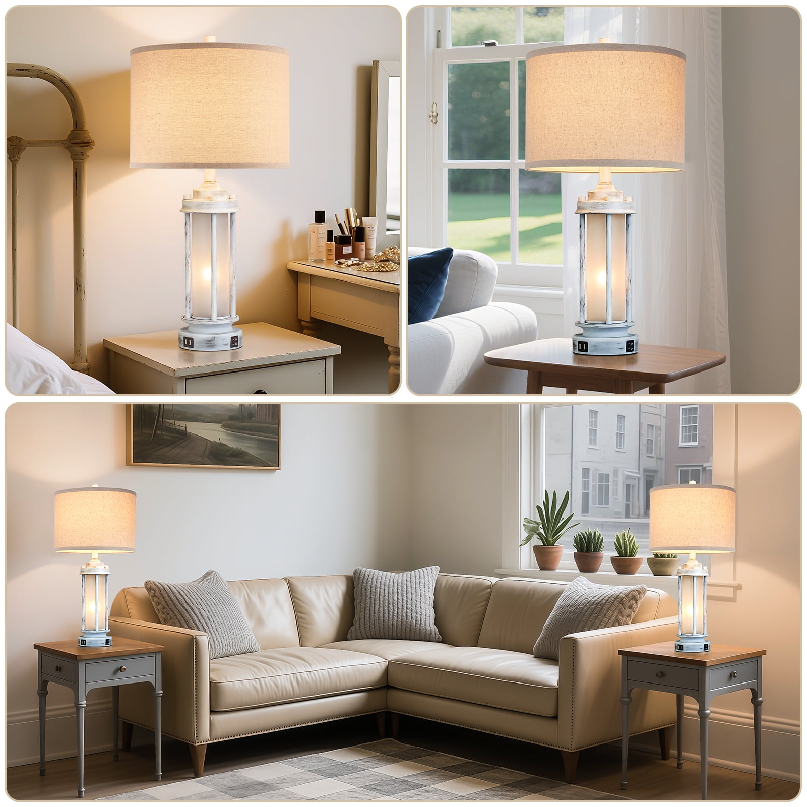JUJUYUYOP Modern Farmhouse Table Lamps with USB Charging Ports and Night Light (White, Set of 2, 25 in) a3avo