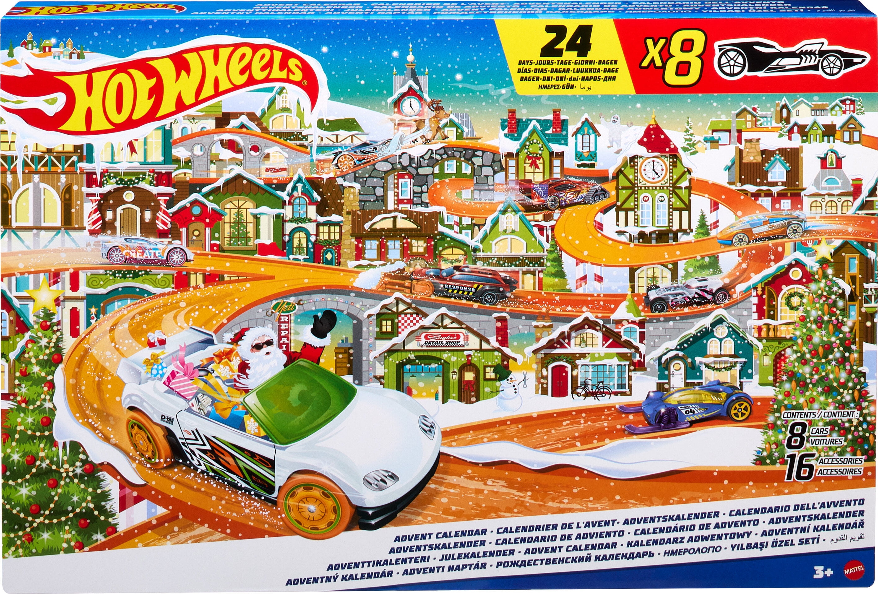 Hot Wheels Advent Calendar 2023 Holiday Gift Set with 8 Toy Cars and 16 Winter Accessories (24-Piece Set) 1prl8