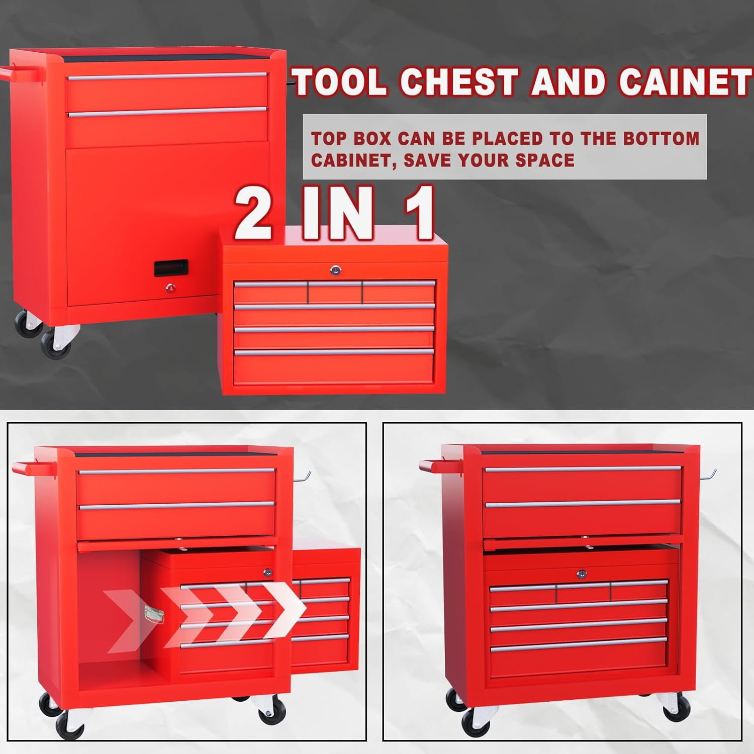 Clickoods 8-Drawer Rolling Tool Chest, 2-in-1 Detachable Metal Tool Box Cabinet with Wheels (Red, 24 in x 13 in x 43 in) ykmzs