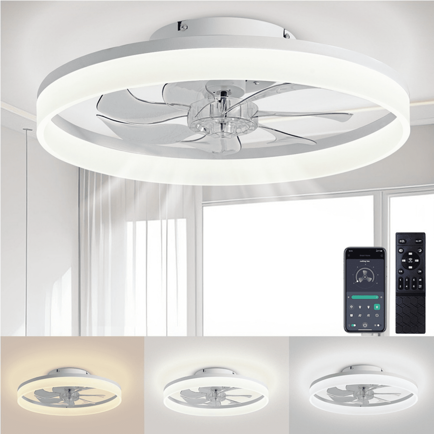 Behome 20 in Low Profile Ceiling Fan with LED Light, Remote & APP Control, Flush Mount, 6-Speed Reversible Motor (White, 20 in) ws3s3