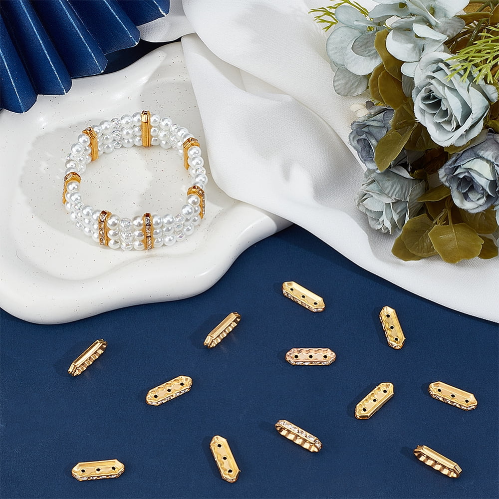 CRAFTYMELODY 3-Hole Rectangle Spacer Beads for Jewelry Making with Rhinestones (Gold, 180-Piece Set) mw197