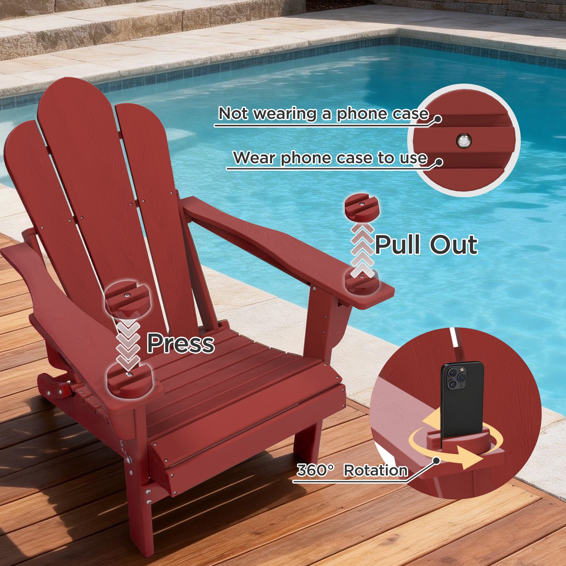 Tappio Folding Adirondack Chair All-Weather HDPE Outdoor Patio Chair with 3-Position Adjustable Backrest and Device Holder (Red) ttu2p