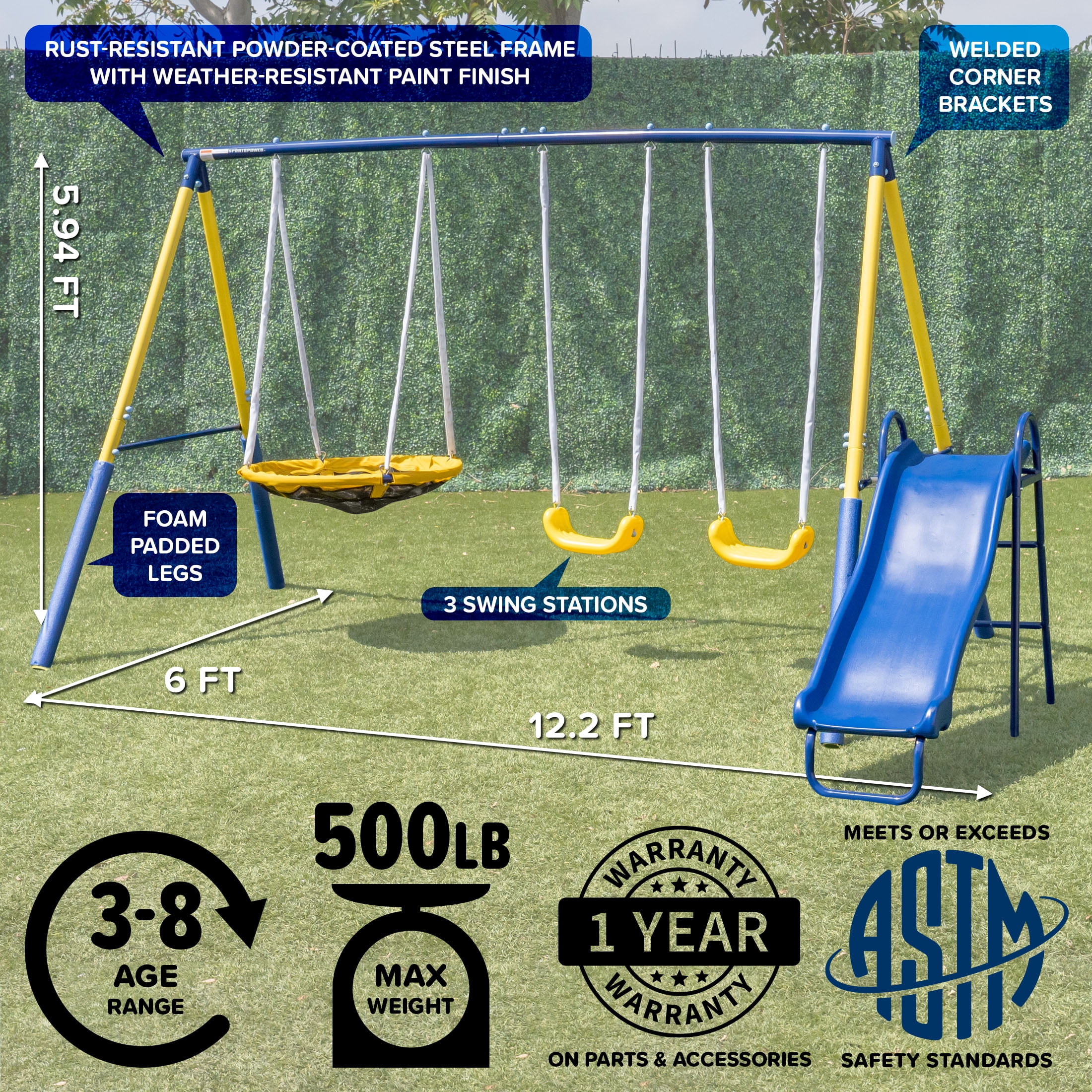 Sportspower Super Saucer Metal Swing Set with 2 Swings, 2-Person Saucer Swing, and 5 ft Slide (Blue, 12.2 ft L x 6 ft W x 5.9 ft H) xh31n