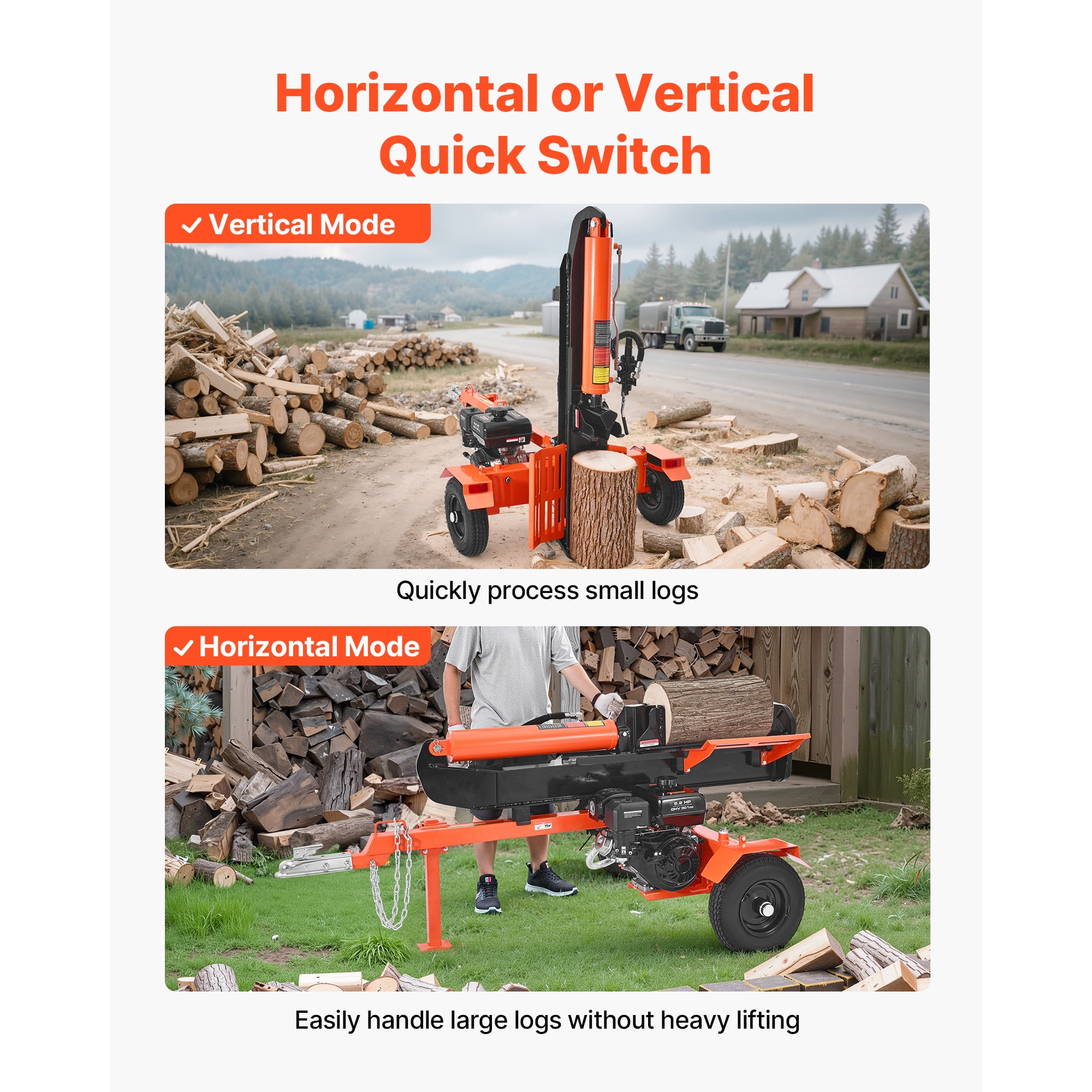 KFFKFF 30-Ton Gas Log Splitter, 306CC Engine, Hydraulic Wood Splitting Machine with 2-in Ball Coupler (Orange, 24-in Log Capacity) mlmga
