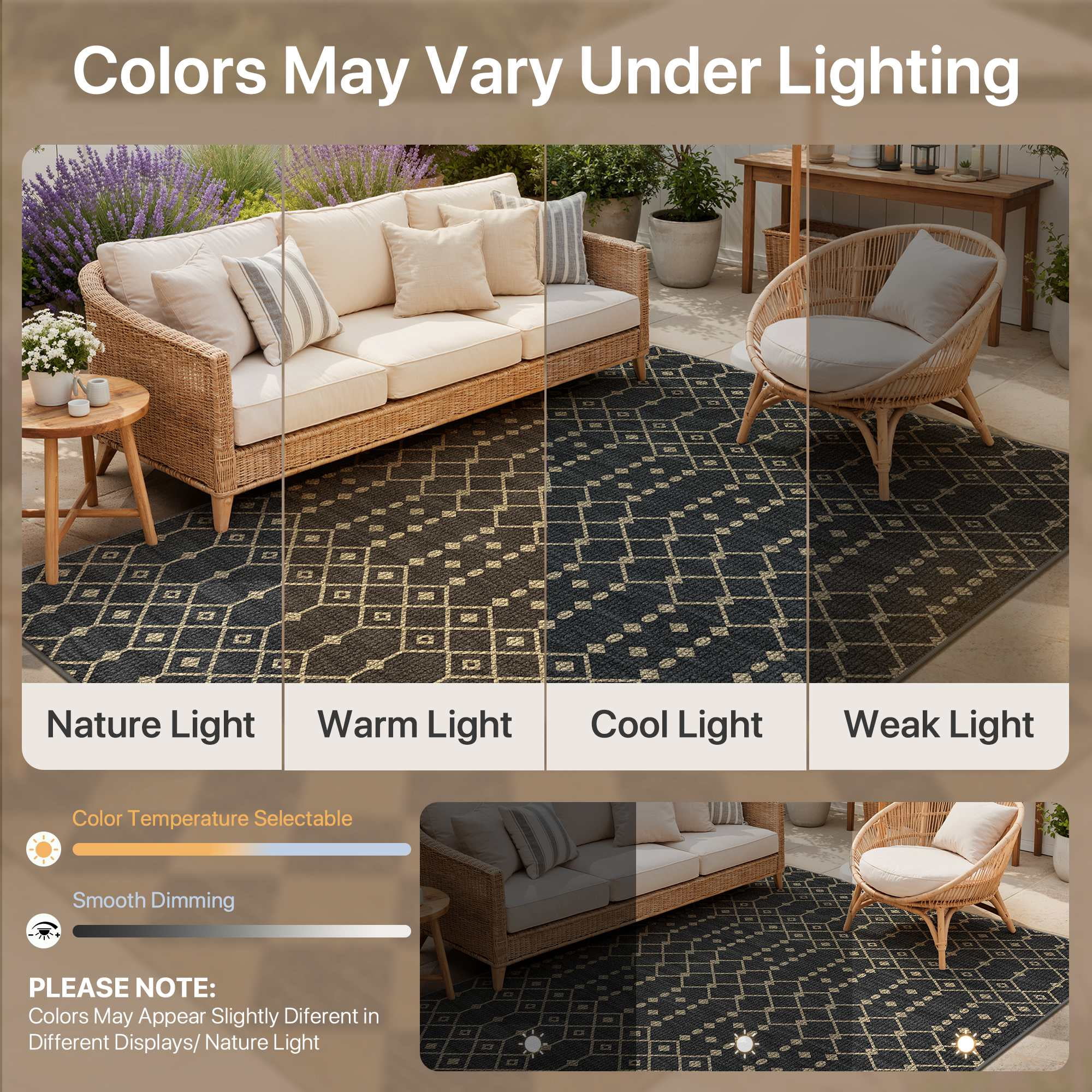 DEORAB Outdoor Rug (Black & Beige, 5 ft x 8 ft) Washable UV-Resistant Patio Deck Carpet 1u2r2