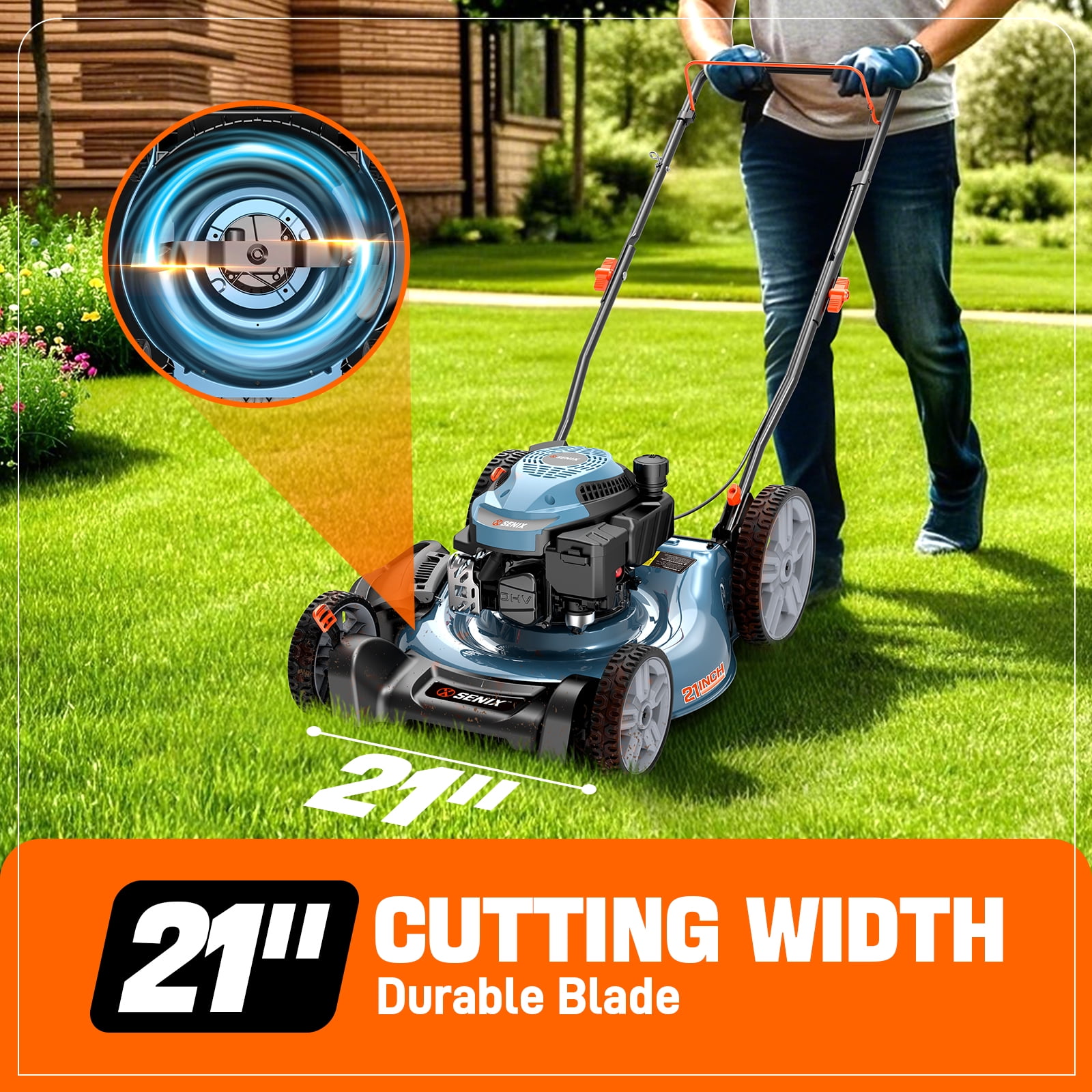 Senix 21 in Gas Lawn Mower, 144cc 4-Cycle Engine, 2-in-1 Mulching and Side Discharge, 6 Adjustable Heights yb2jx