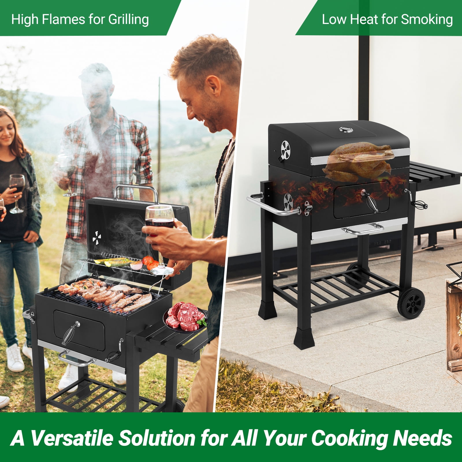 SalonMore BBQ Charcoal Grill Outdoor Barbecue Pit Smoker with Double Grill and Liftable Charcoal Tray (Black) d651f