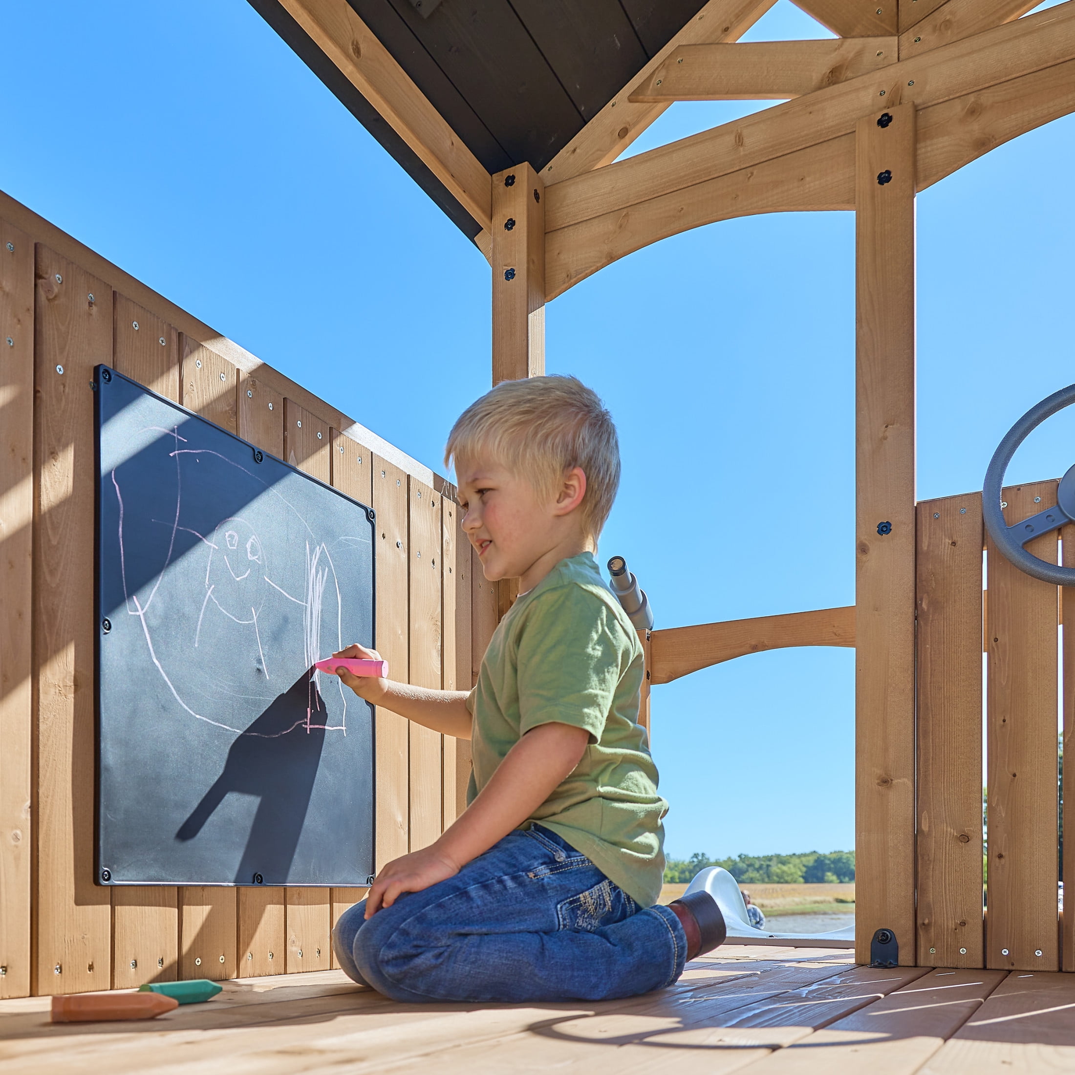 Backyard Discovery Dover Bay Spruce Swing Set with Clubhouse, Slide, Monkey Bars, and Rock Wall (Brown, 19.5 ft x 11.5 ft) 054gx