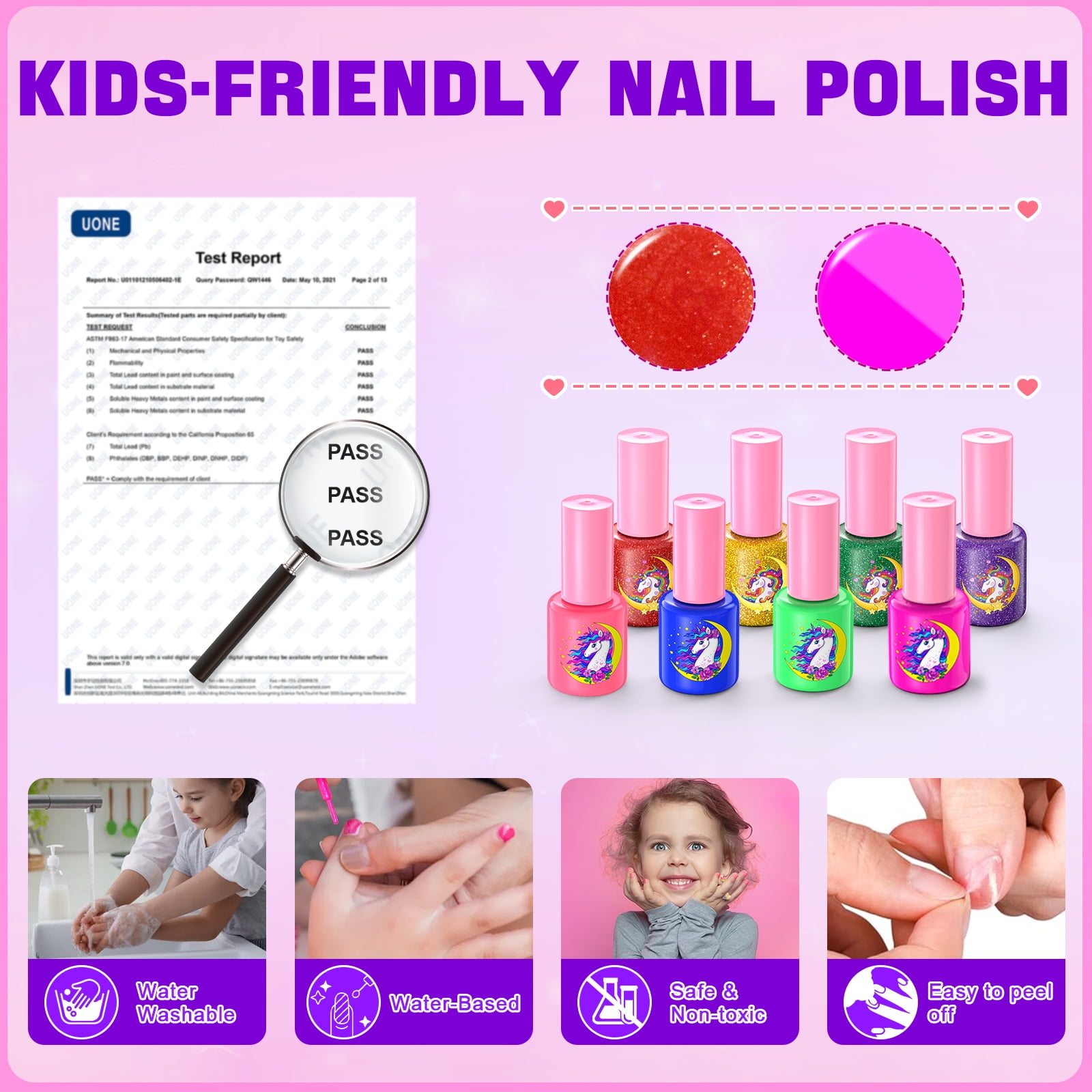 GORISPI Kids Nail Polish Set with Unicorn Storage Case, Peelable Non-Toxic Formula, DIY Nail Art Activity Kit (Pink, 1 Set) t8kj9