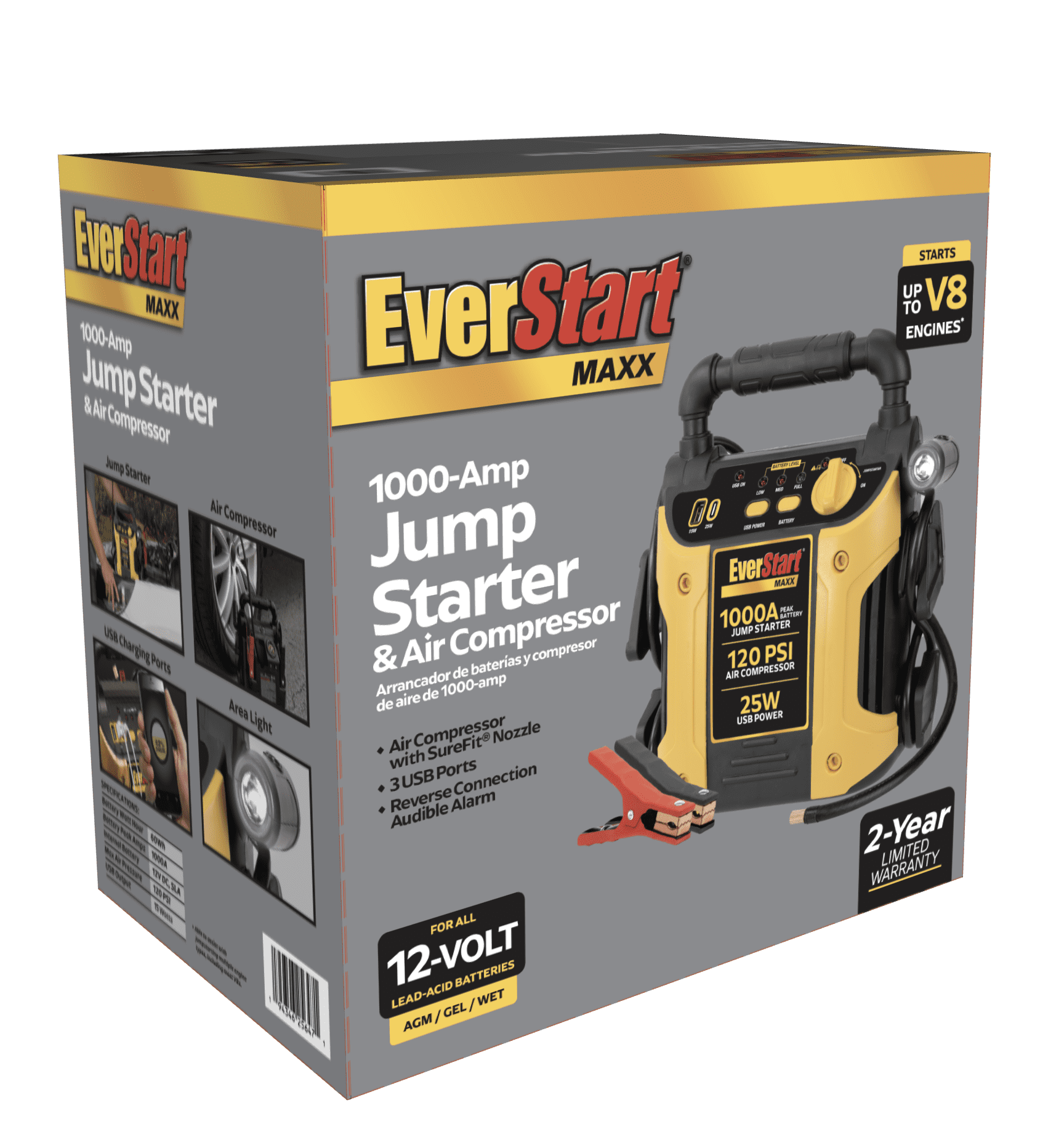 EverStart Maxx 1000 Peak Amp Jump Starter with 120 PSI Air Compressor and 3 USB Ports (10.83 in) c6s8x