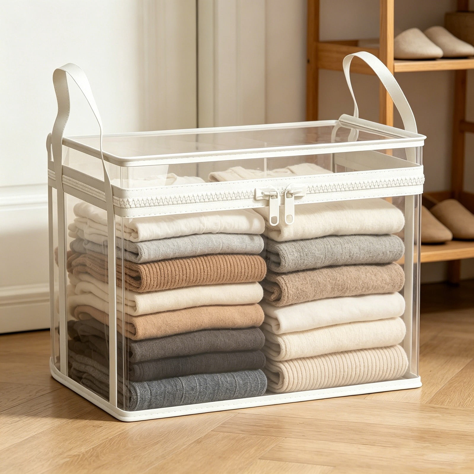 BIWEUTYDYS Heavy Duty Clear PVC Storage Box with Lid, Collapsible Book and Clothing Organizer (Clear, Medium) n14ck