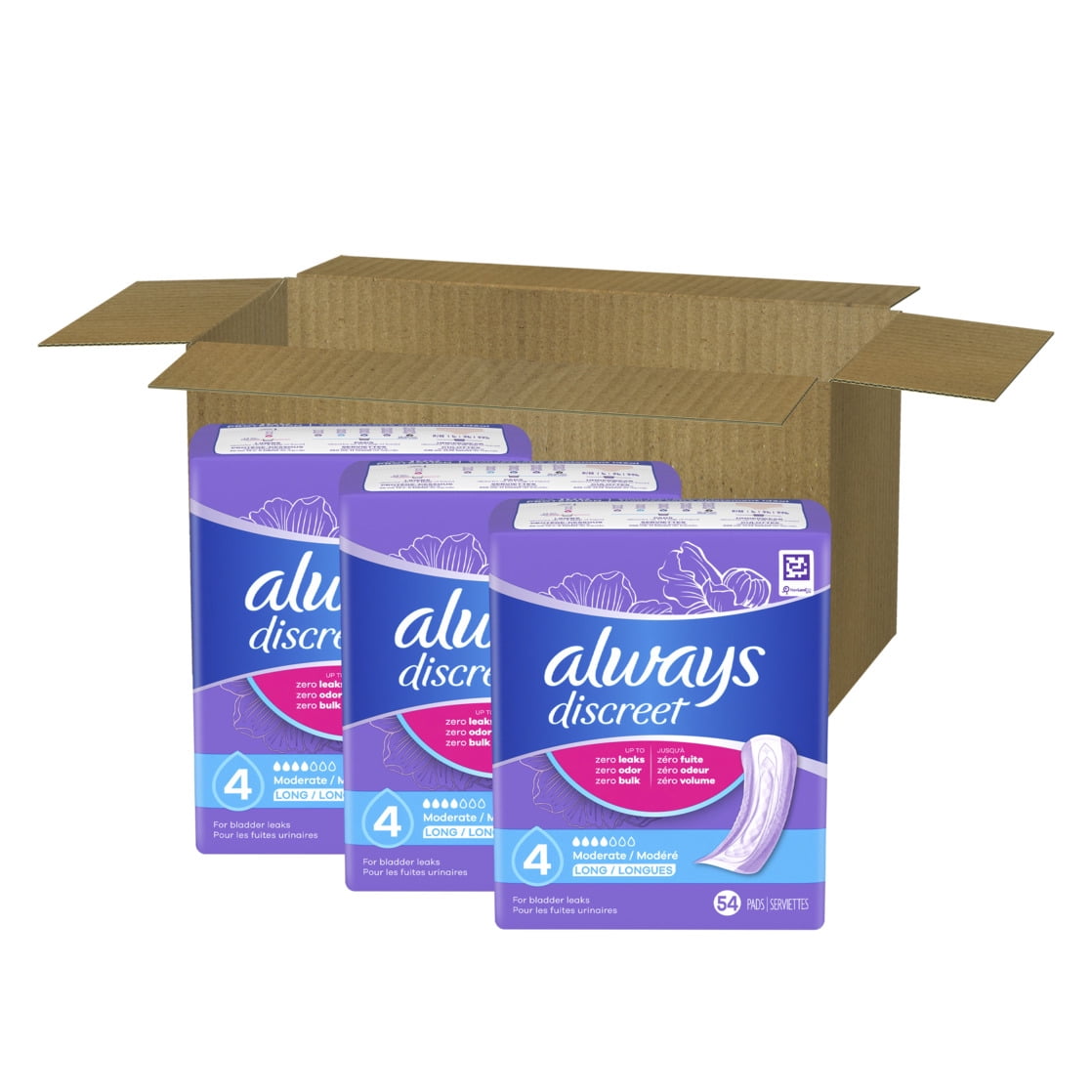 Always Discreet Incontinence Pads for Women, Moderate Absorbency, Long Length, Postpartum Protection (162 Count) a2w43