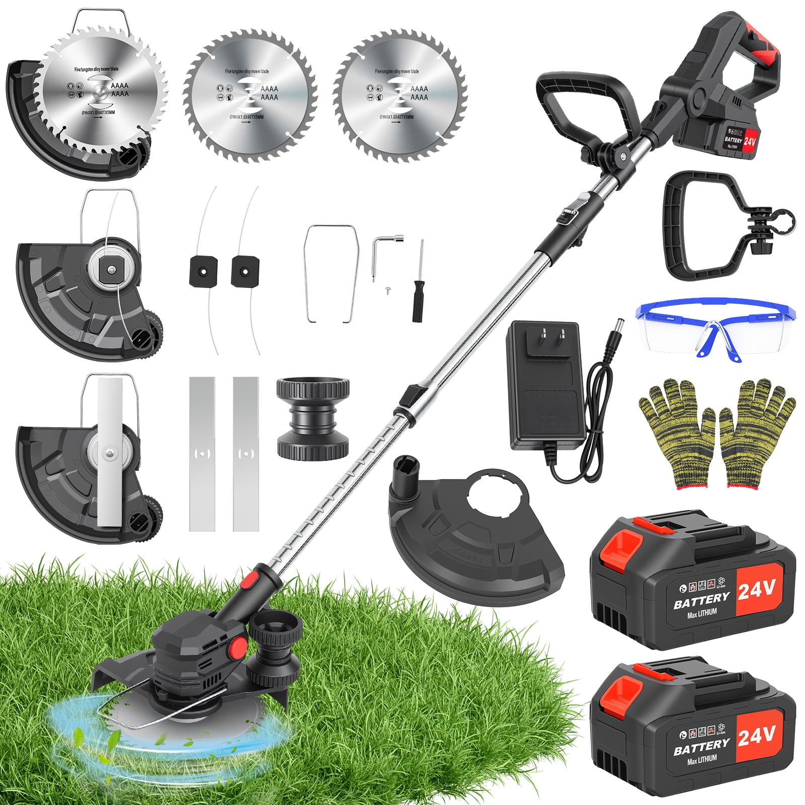 CATGOOD Electric Cordless Weed Eater, 24V Grass Trimmer with 2 Batteries and Charger (8 in Cutting Width) 6bmcb