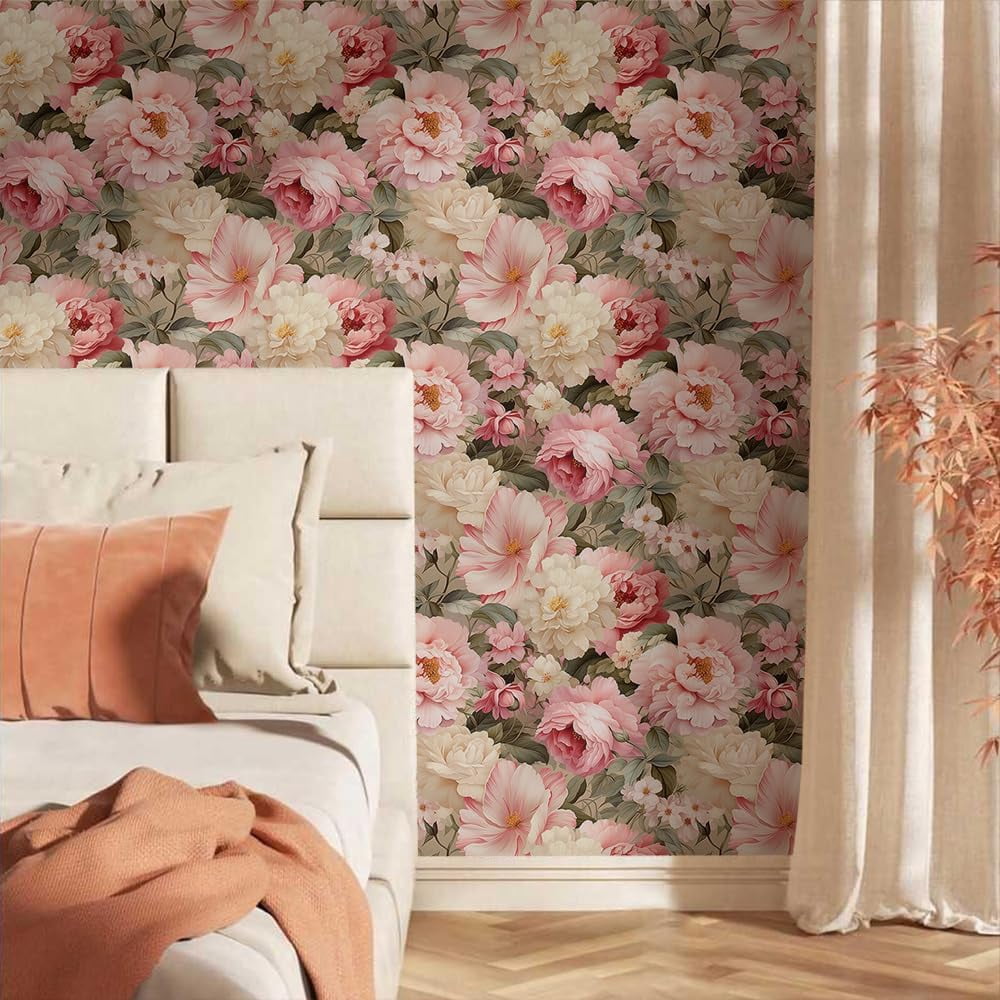 Usachibb Vintage Peony Floral Peel and Stick Wallpaper, Self-Adhesive Removable Wall Decor (Pink, 17.7 in x 118.1 in) qsd65