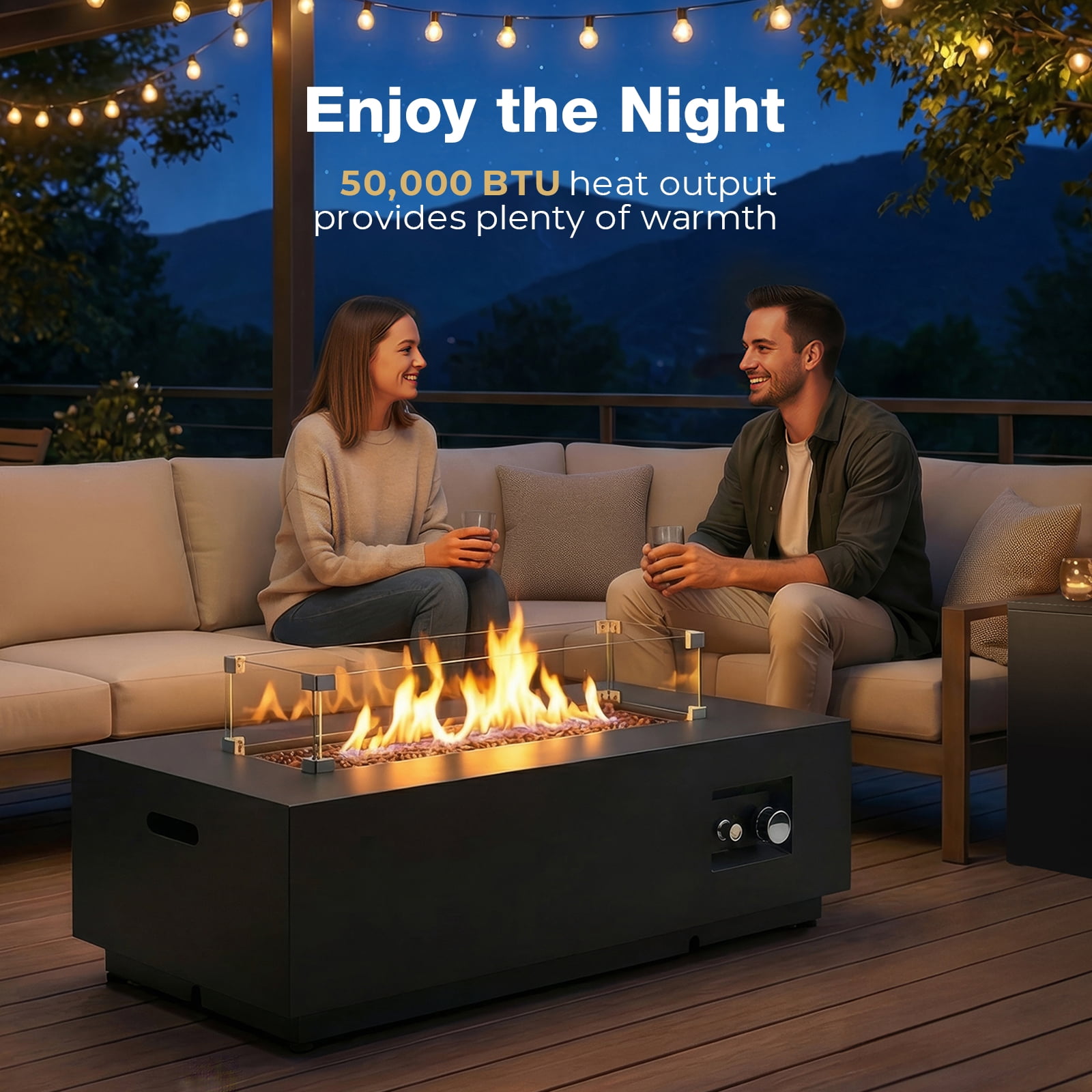 ReeQuo 42 in Rectangle Propane Fire Pit Table with Lid, Wind Guard, and Tank Hideaway (Black, 42 in) kio97