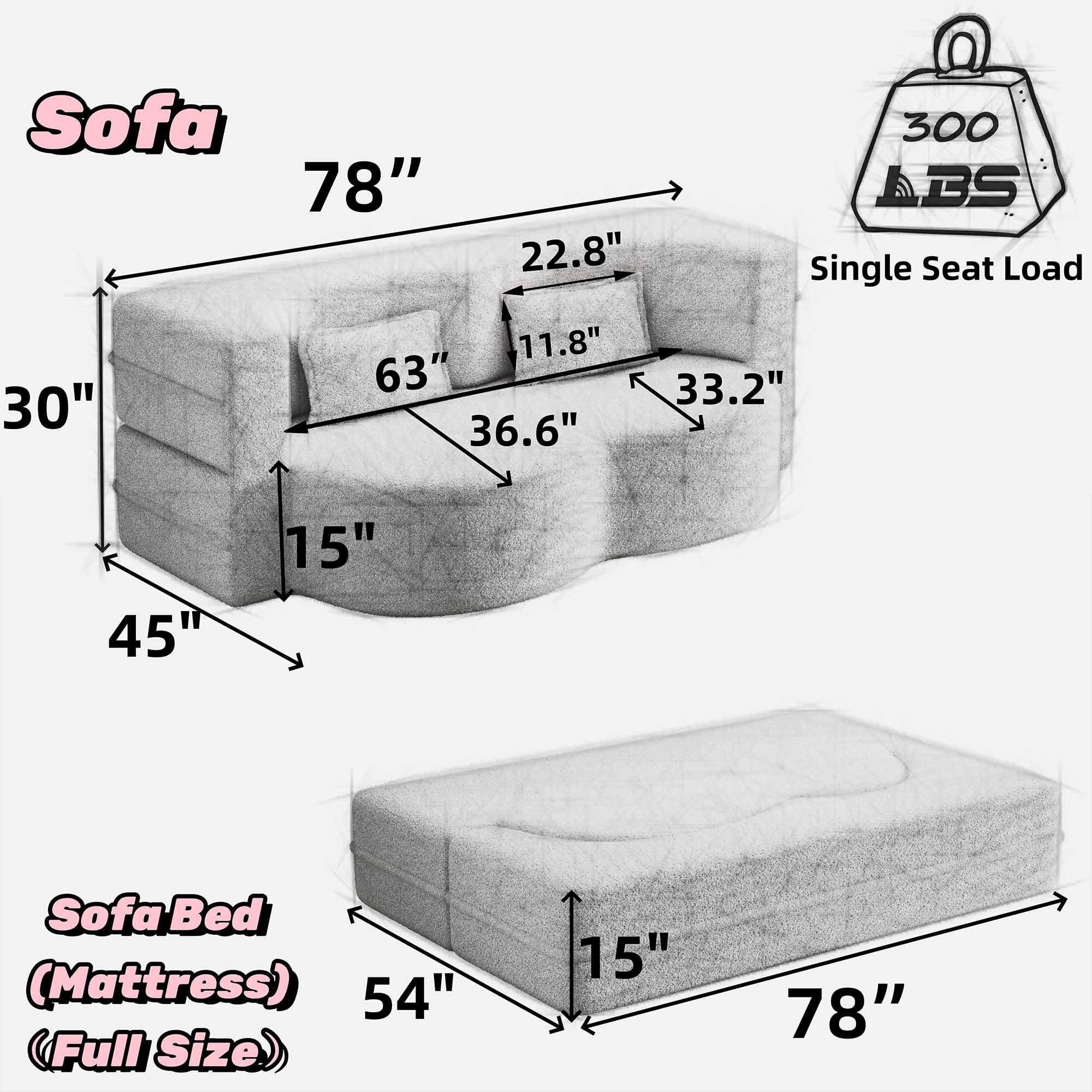 FIRSCOOK Convertible Sleeper Sofa Bed, Teddy Fabric Folding Floor Couch with 2 Pillows (Beige, Full Size) hx0zq