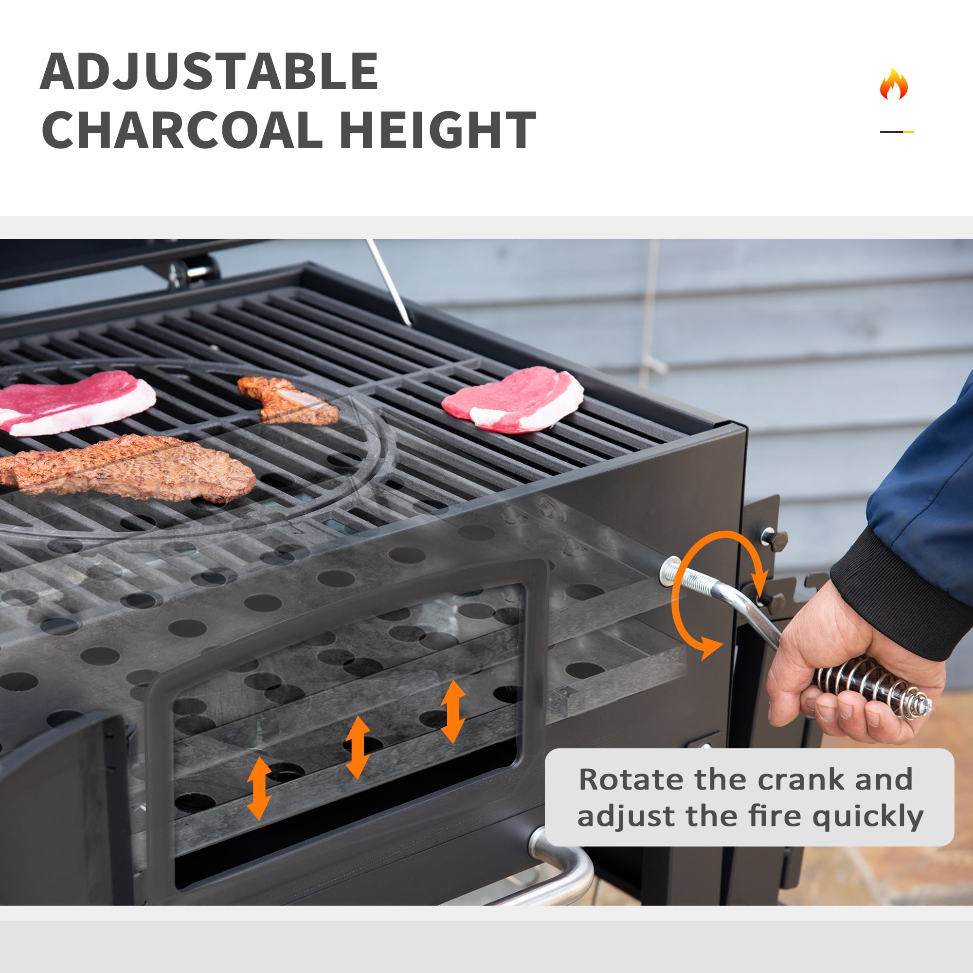 Outsunny Charcoal Grill with Side Table and Adjustable Height (Black, 48.75 in x 26 in x 44 in) clkkz