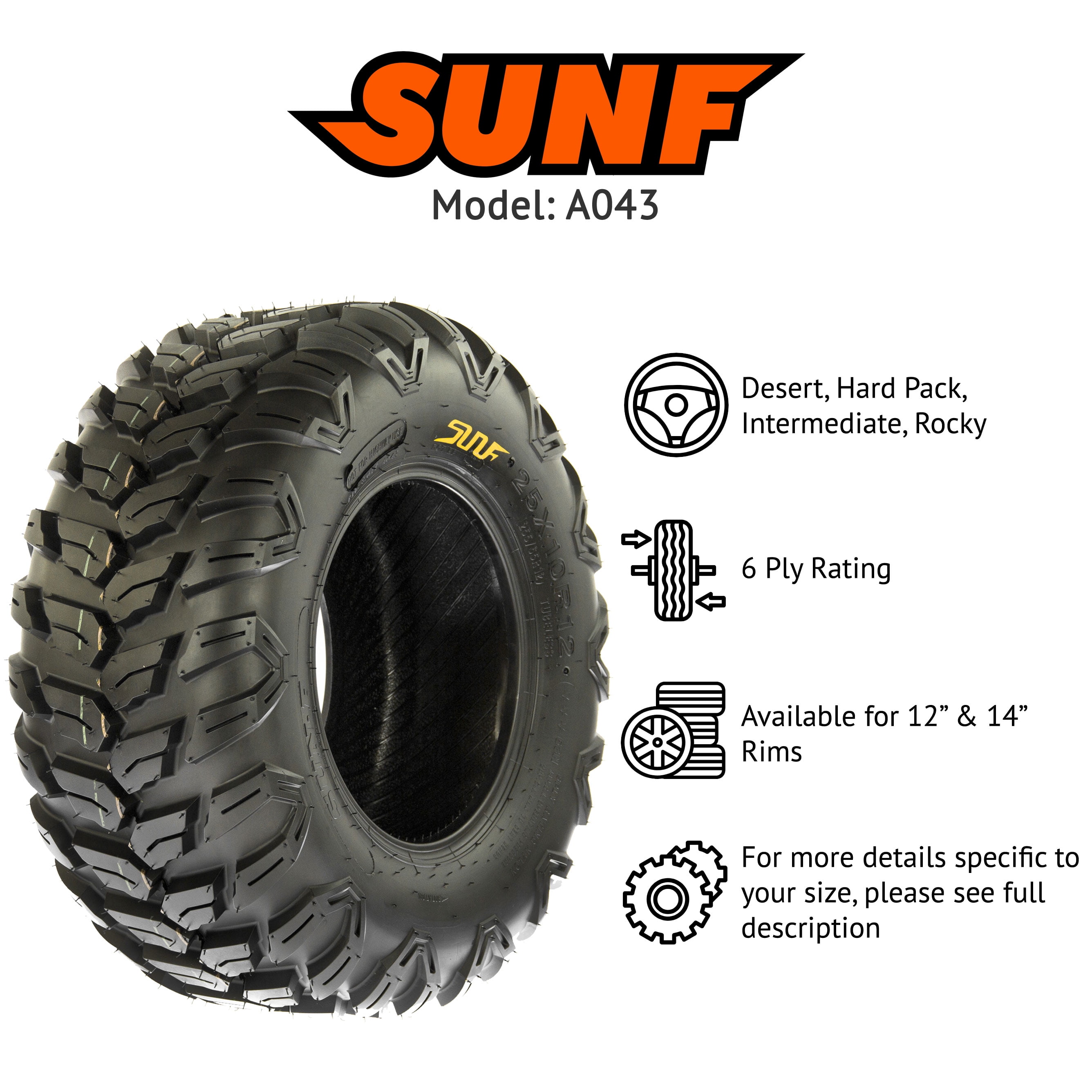 SUNF A043 All Terrain ATV UTV Tire 6-Ply Rated Off-Road Performance (27x11-12, Set of 2) oiczp