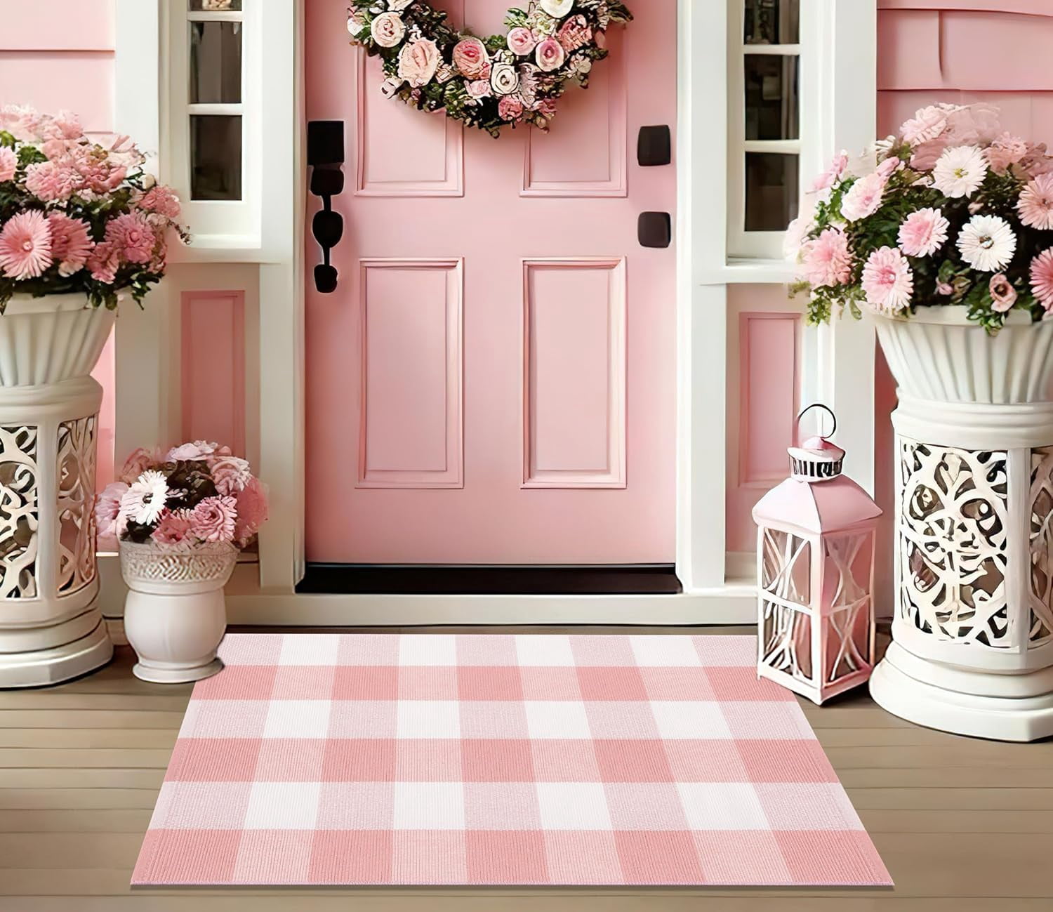ZOEYY Valentine's Day Buffalo Plaid Front Door Mat (Pink and White, 24 in x 35 in) lsb3u