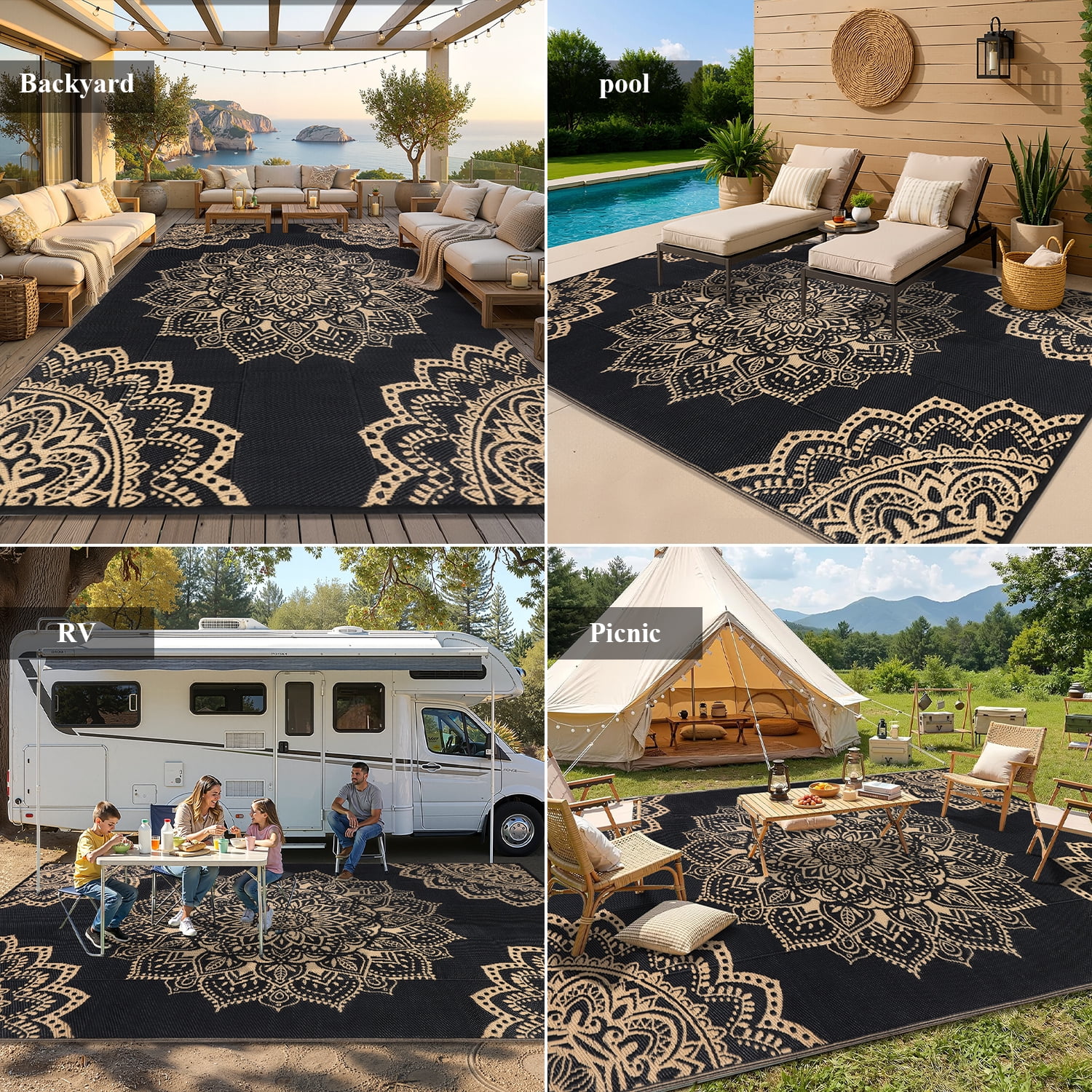 Findosom Reversible Outdoor Rug, Waterproof Plastic Straw Area Rug for Patio, RV, Camping, and Beach (Black, 6 ft x 9 ft) jgr0q