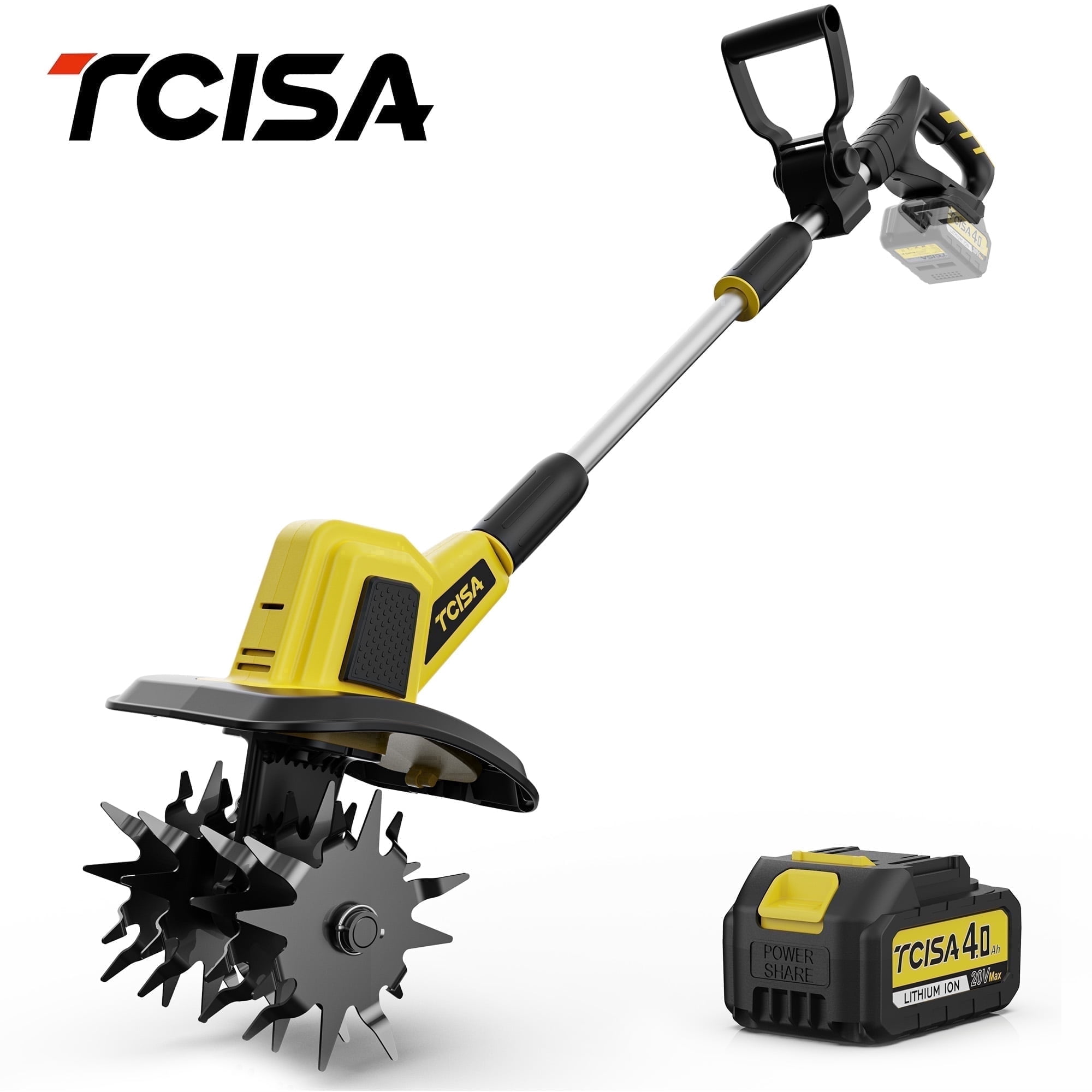 Tcisa 20V Cordless Electric Tiller, Garden Cultivator for Soil Tilling and Weeding (Yellow, 9 in Width) undlk