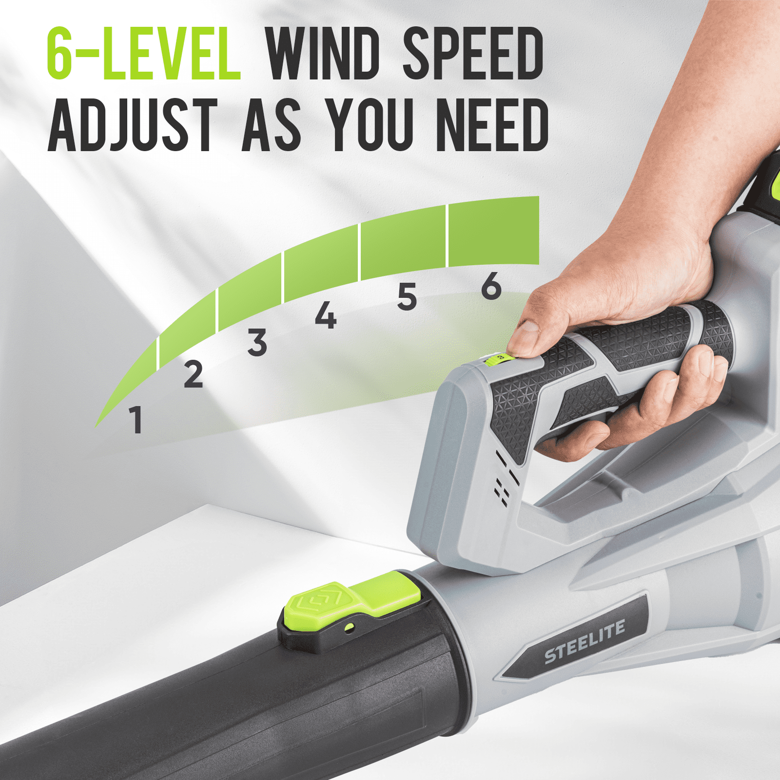 Steelite 21V Cordless Leaf Blower, High-Velocity Electric Yard Blower with 6-Speed Control (Green, 2 x 2.0Ah Batteries) 69pcn