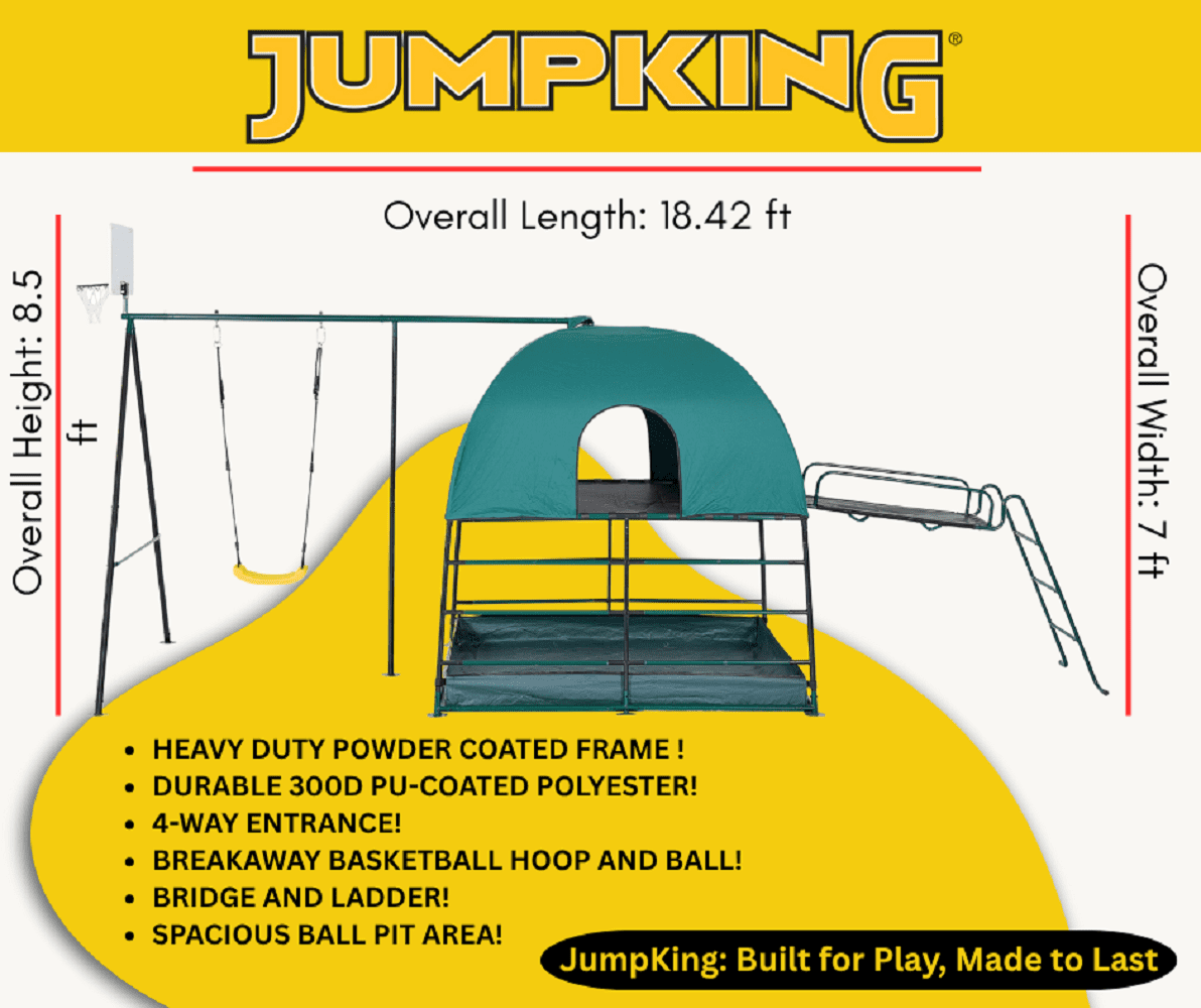 JumpKing Ultimate Adventure Playset, 5-Station Indoor & Outdoor Climbing Den with Swing and Basketball Hoop (Green) wqacy