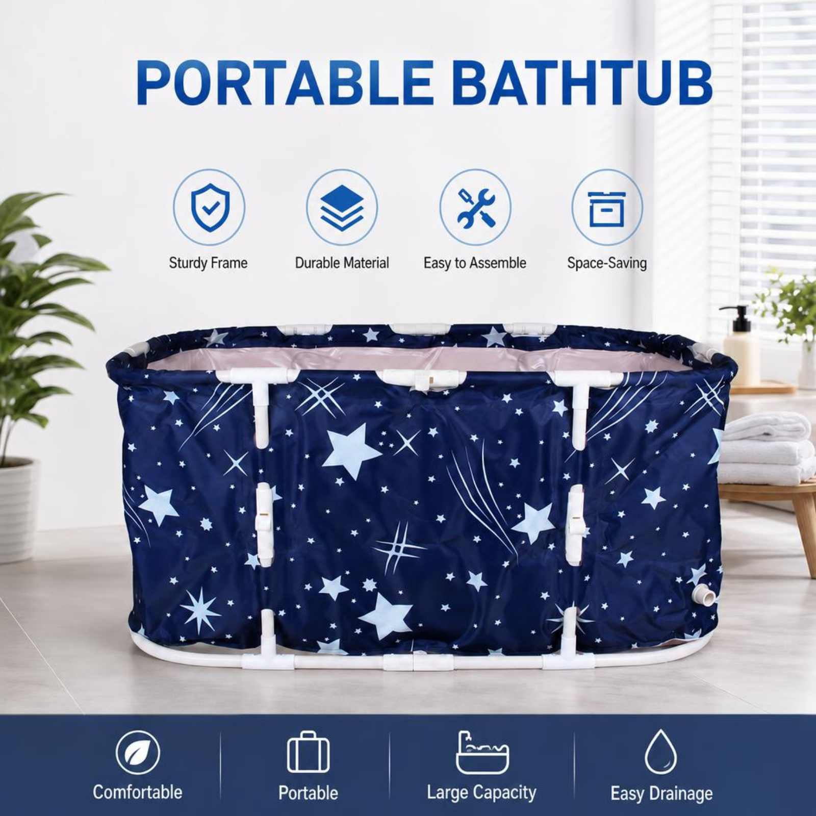 ANJORALA Portable Foldable Bathtub for Adults, Freestanding Hot & Ice Soaking Tub (Starry Blue, 47.2 in) 72qp1