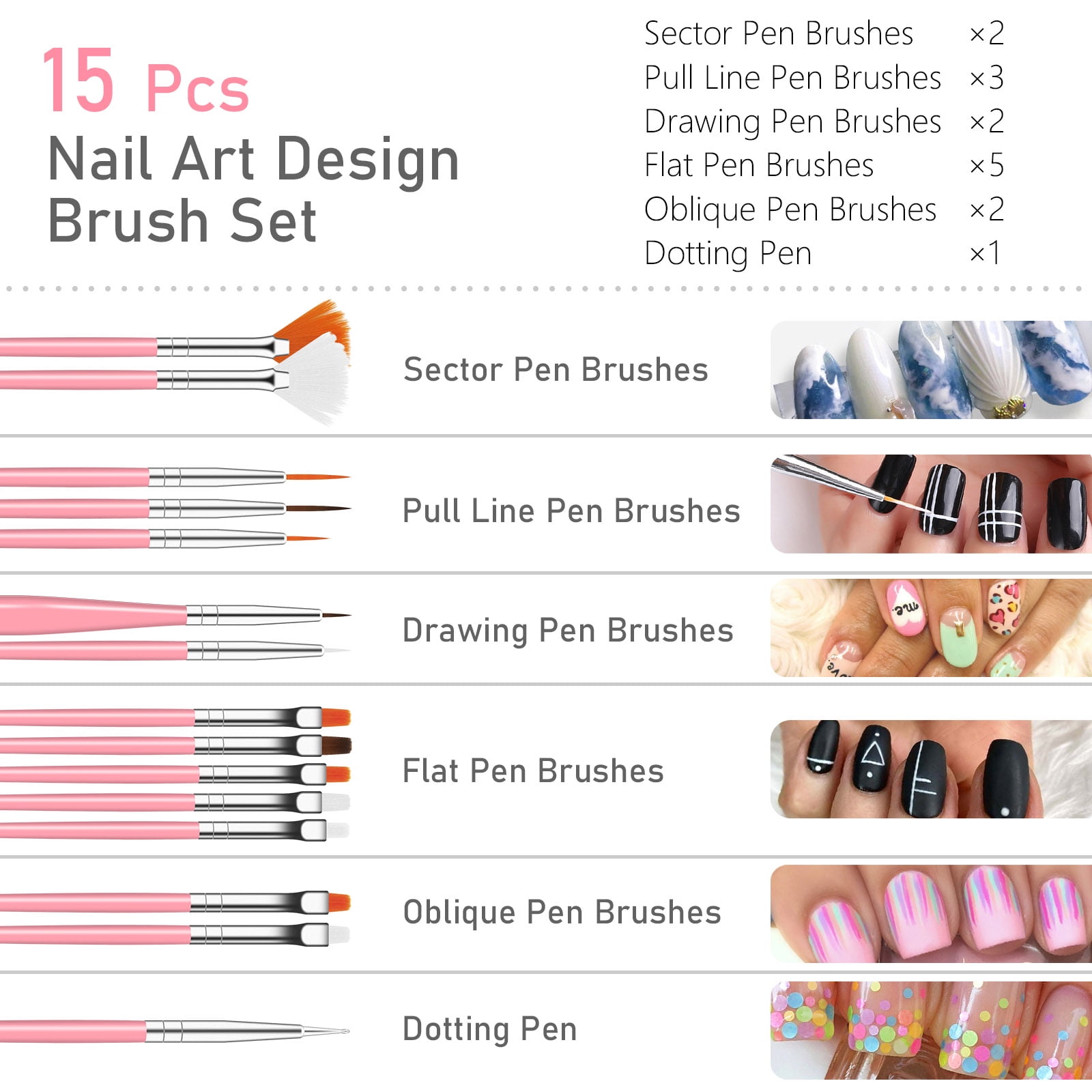 Pinkiou Nail Art Brush and Dotting Tool Set with Rhinestones and Foil Decals (47 Piece Set) 59460