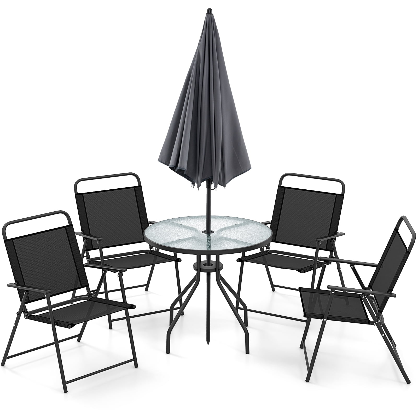 Spaco 6-Piece Patio Dining Set with Umbrella and Folding Chairs (Grey, 6-Piece Set) 475pc