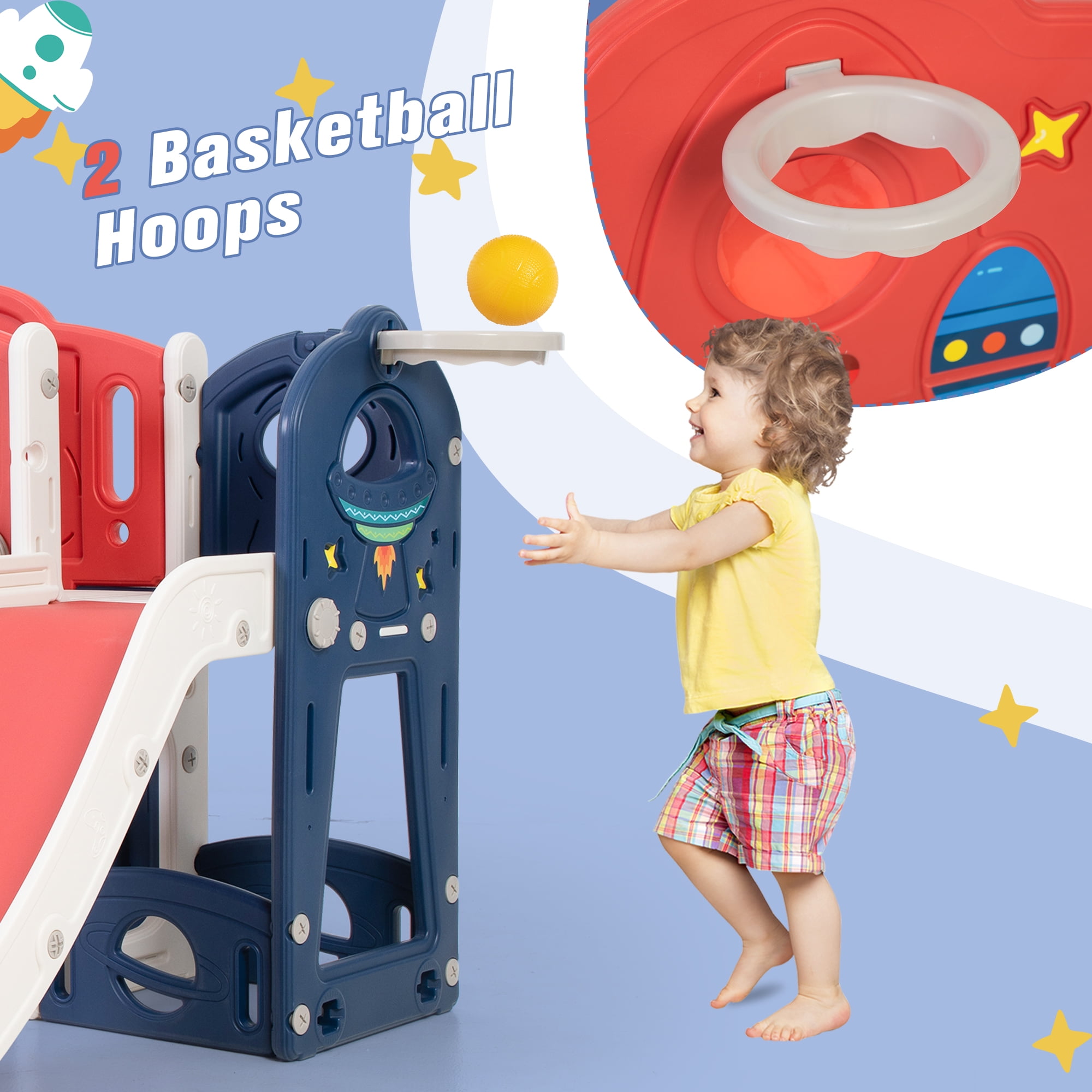 Nyeekoy 7-in-1 Kids Slide and Climber Playset with Basketball Hoop (Blue) nekk4