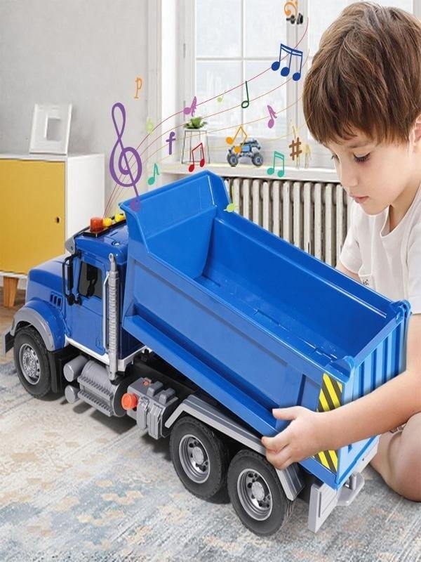 PLPPYFS Large Friction Powered Dump Truck Toy with Lights and Sounds (Blue, 15 in x 6.3 in x 5.1 in) 11xjs