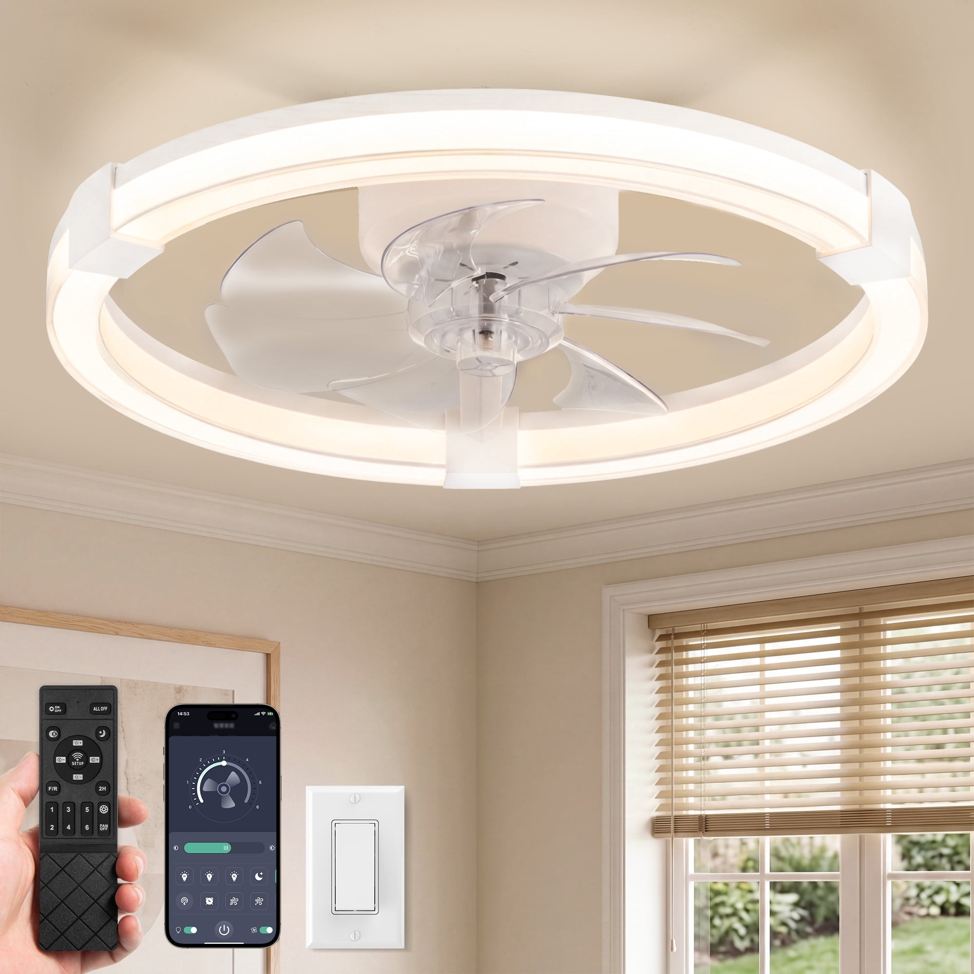 Lokivas 20in Low Profile Ceiling Fan with LED Lights and Remote Control (White, 20 in) 50qyt