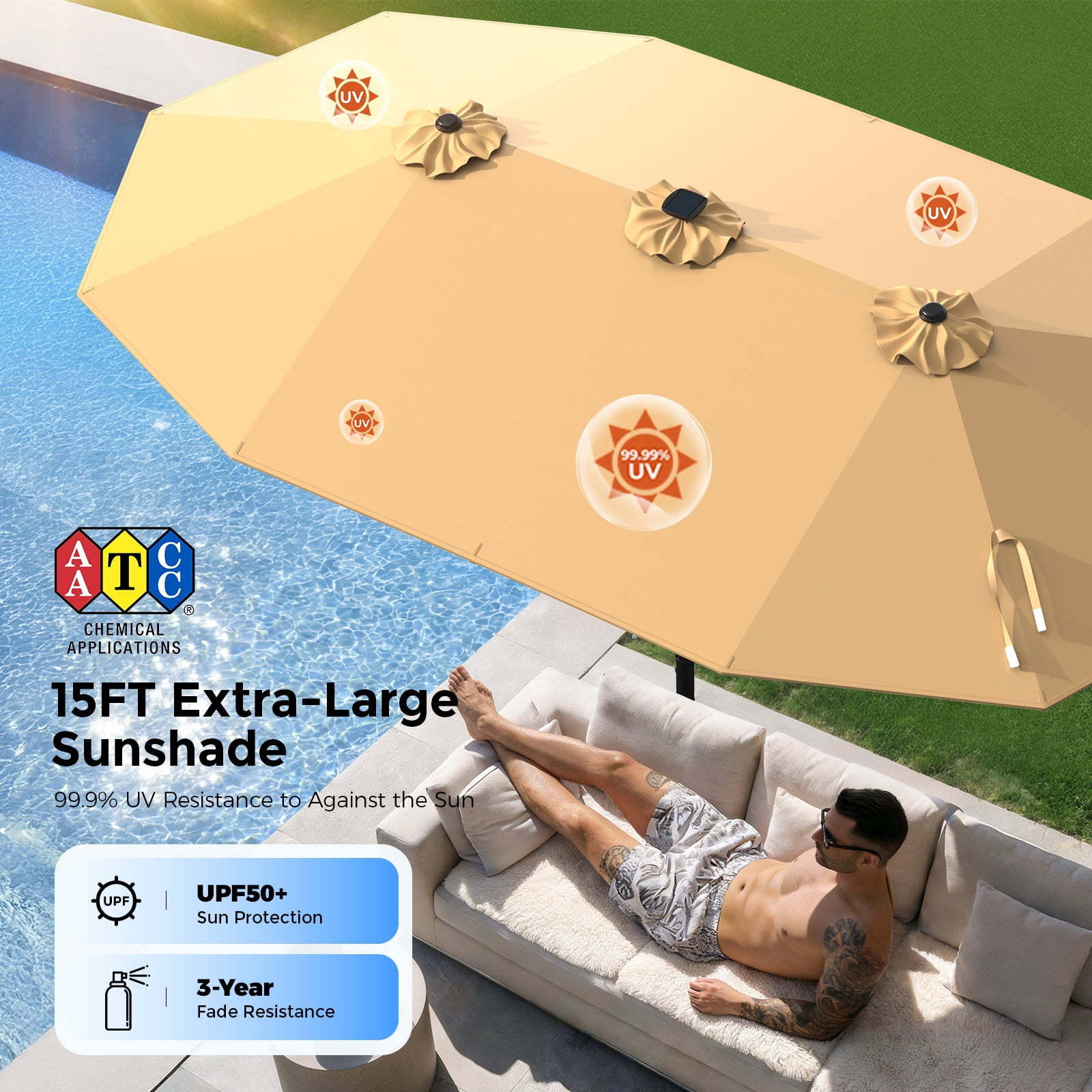 TASKBAY 15ft Double-Sided Patio Umbrella with Solar LED Lights and Base (Beige, 15ft x 9ft) kxlq0