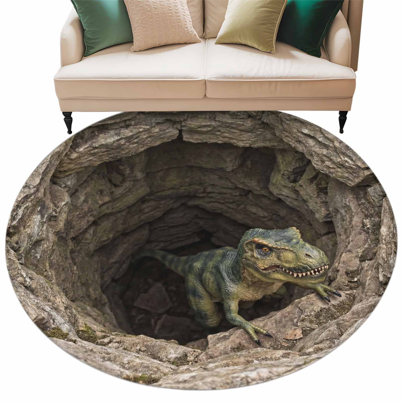Jacekidy Dinosaur 3D Realistic Cave Area Rug, Non-Slip Machine Washable Indoor Outdoor Floor Mat (Green, 8 ft Round) 9xj1t