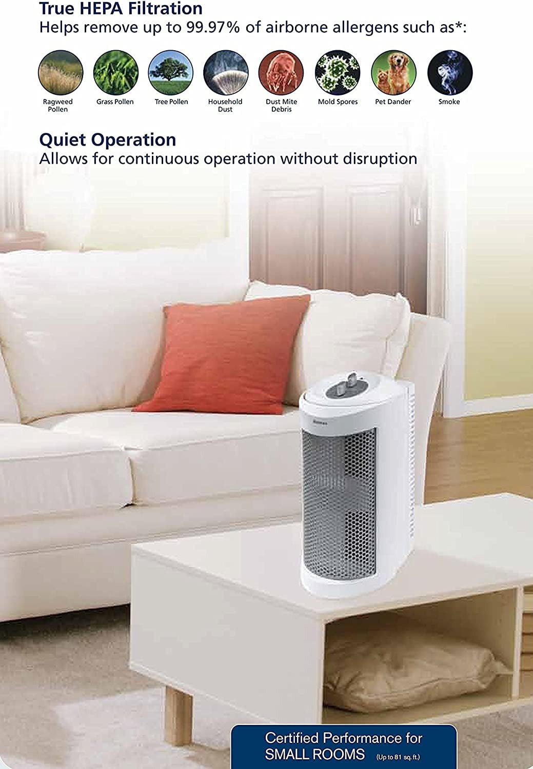 Holmes True HEPA Allergen Remover Mini Tower Air Purifier for Small Spaces (White, 85 sq ft) jy65e