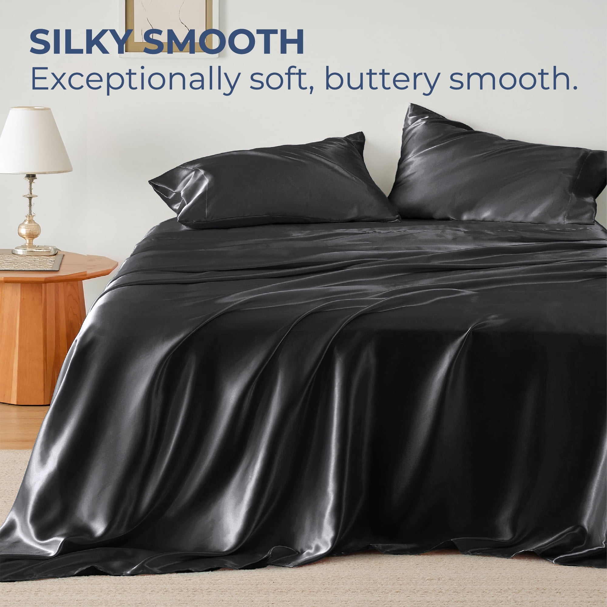 Seasonwood Satin Sheet Set, Silky Bedding Collection, Wrinkle-Resistant & Breathable (Black, Queen, 4-Piece) m18h3