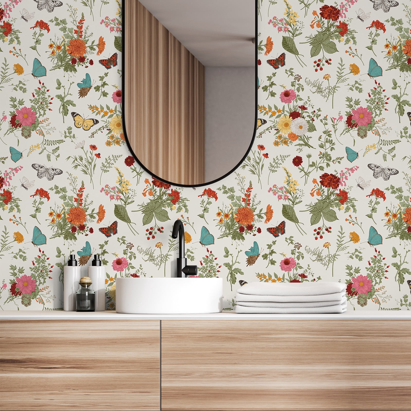 VEELIKE Floral Peel and Stick Wallpaper Vintage Butterflies Marigolds Self-Adhesive Contact Paper for Home Decor (Multi-color, 17.7 in x 118 in) 9ccgs